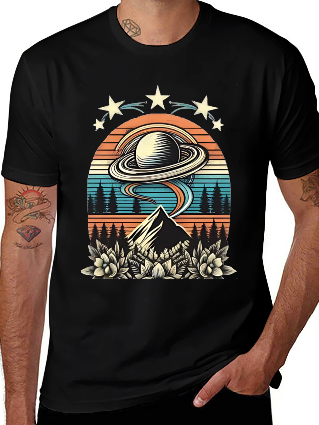 Retro UFO Saturn Mountain Graphic T-Shirt