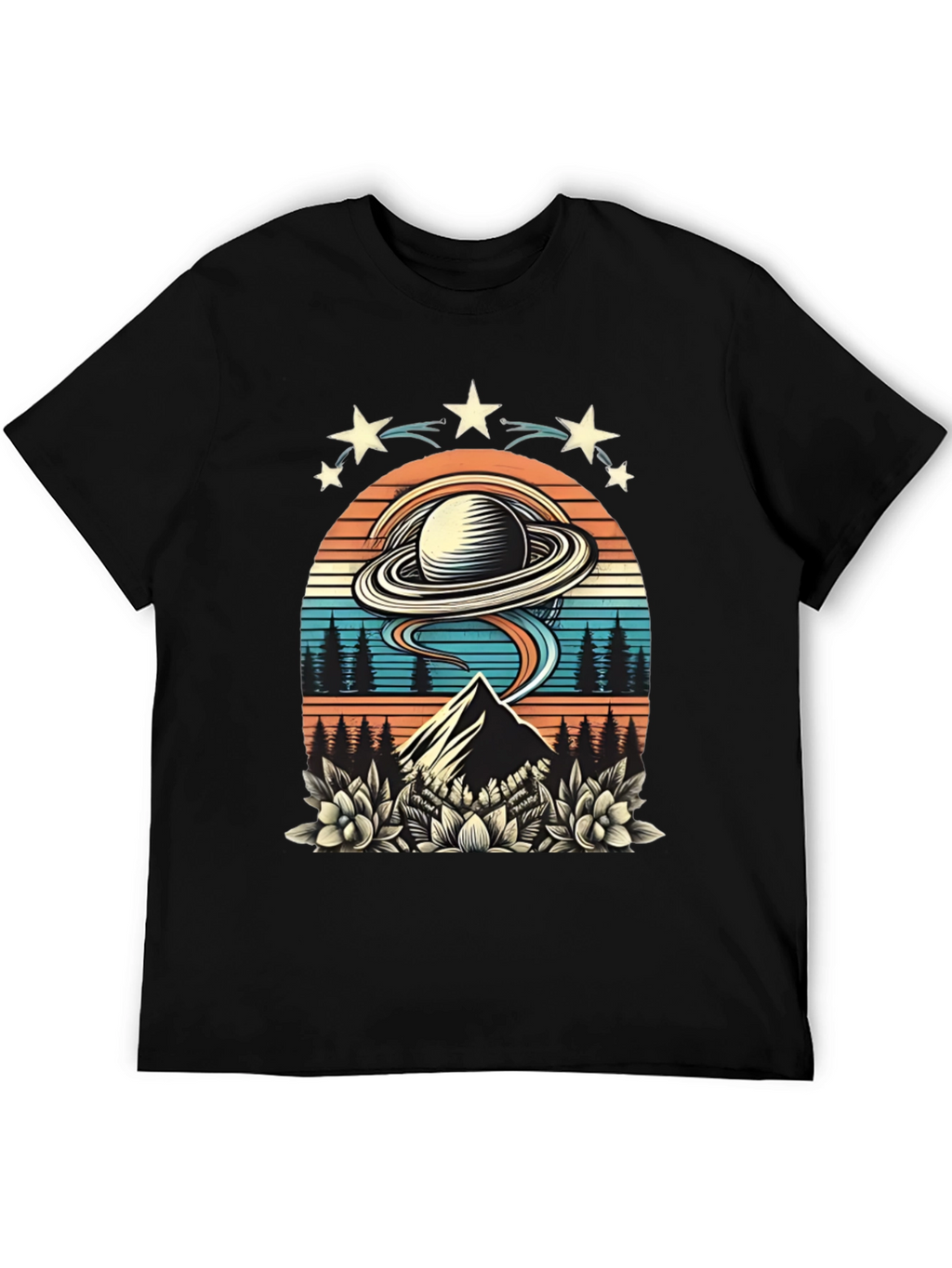 Retro UFO Saturn Mountain Graphic T-Shirt