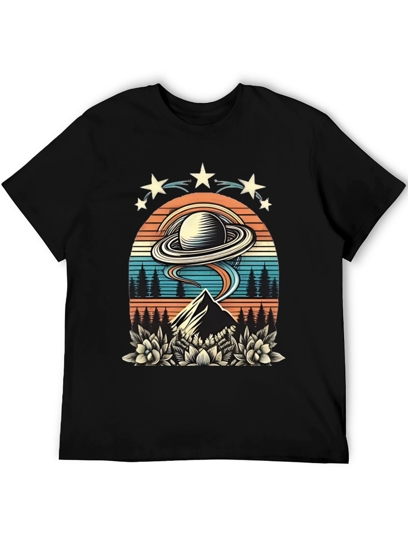 Retro UFO Saturn Mountain Graphic T-Shirt