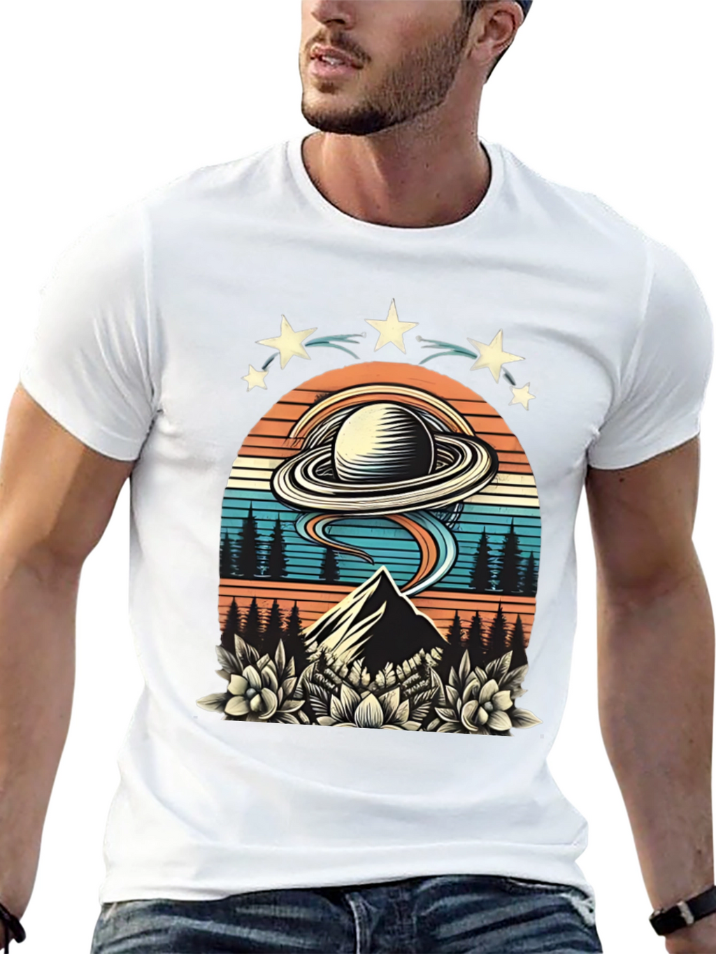 Retro UFO Saturn Mountain Graphic T-Shirt
