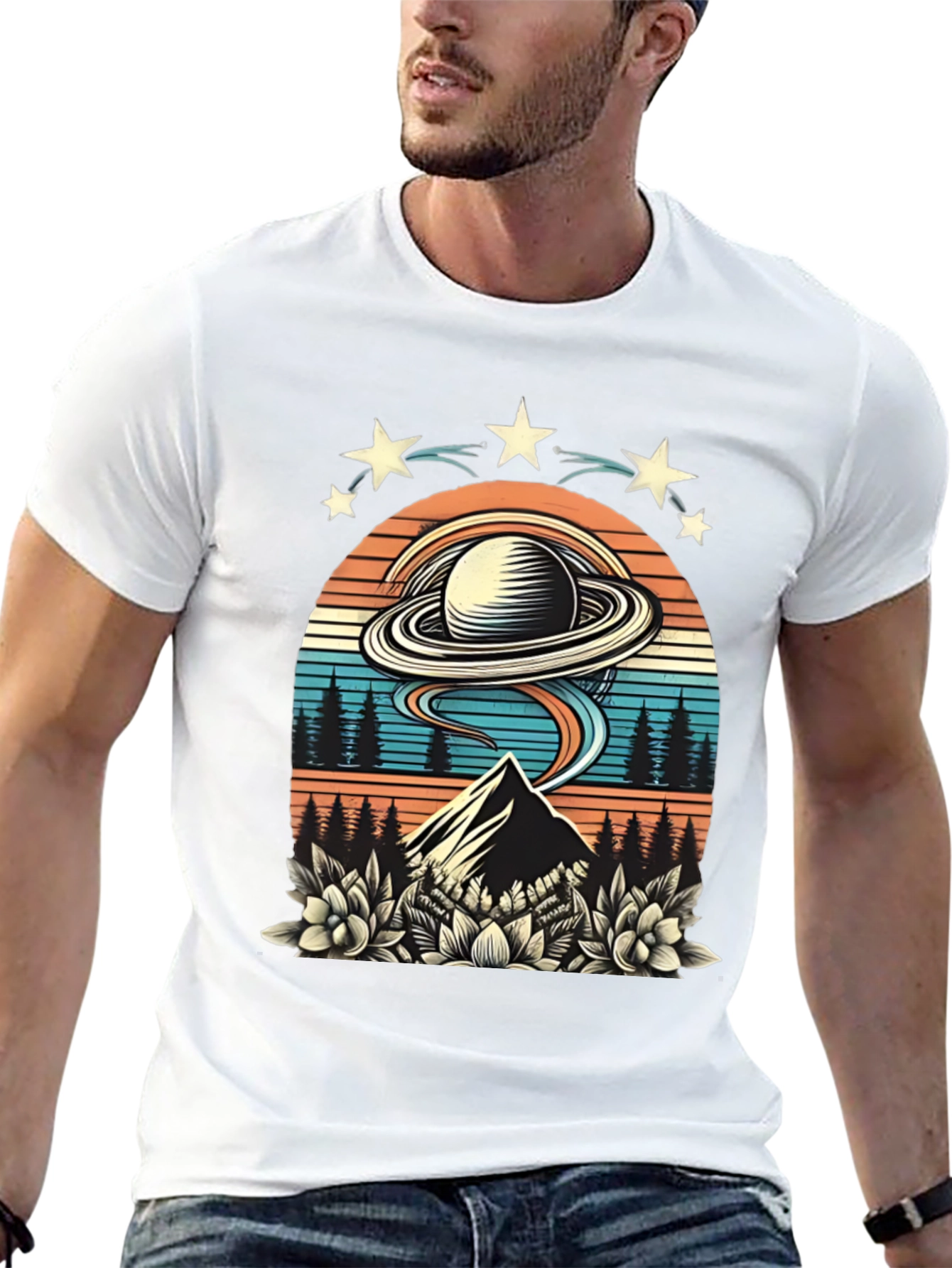 Retro UFO Saturn Mountain Graphic T-Shirt