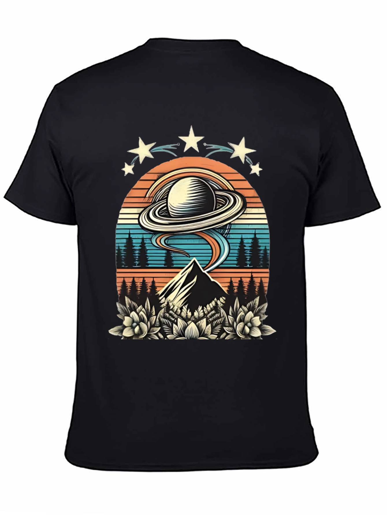 Retro UFO Saturn Mountain Graphic T-Shirt
