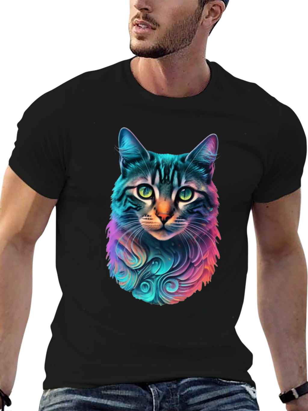 Vibrant Cat Graphic Black T-Shirt