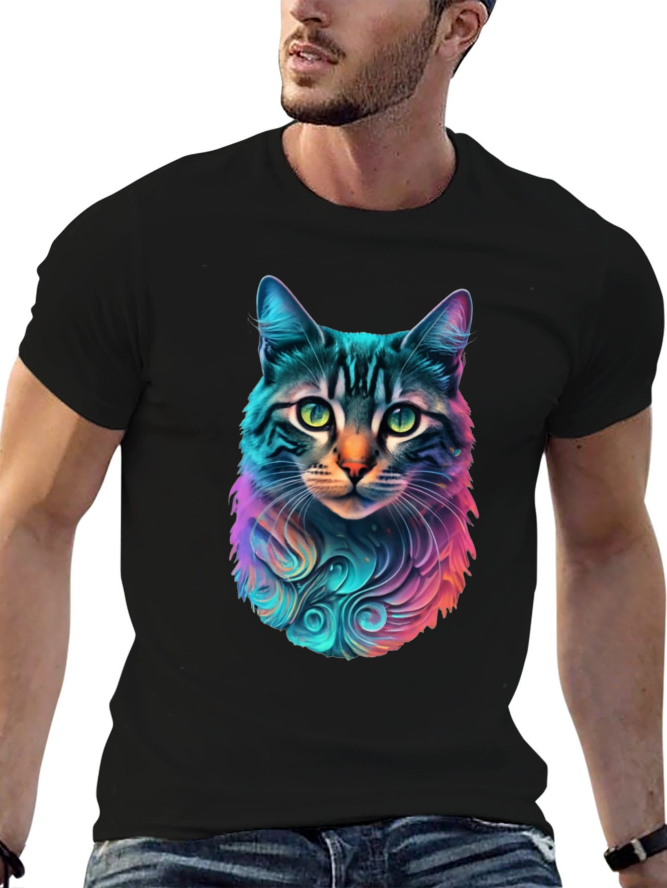 Vibrant Cat Graphic Black T-Shirt