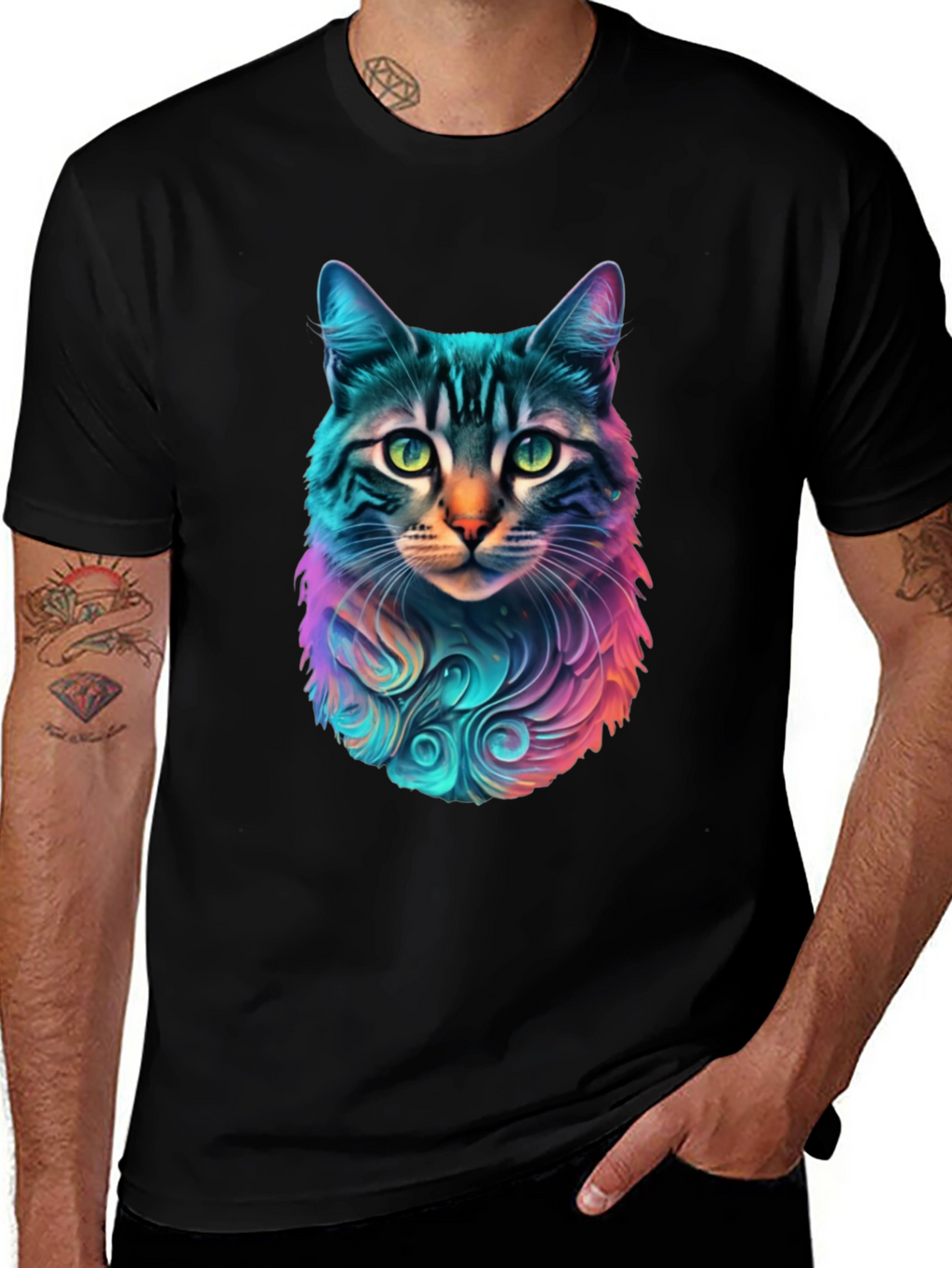 Vibrant Cat Graphic Black T-Shirt
