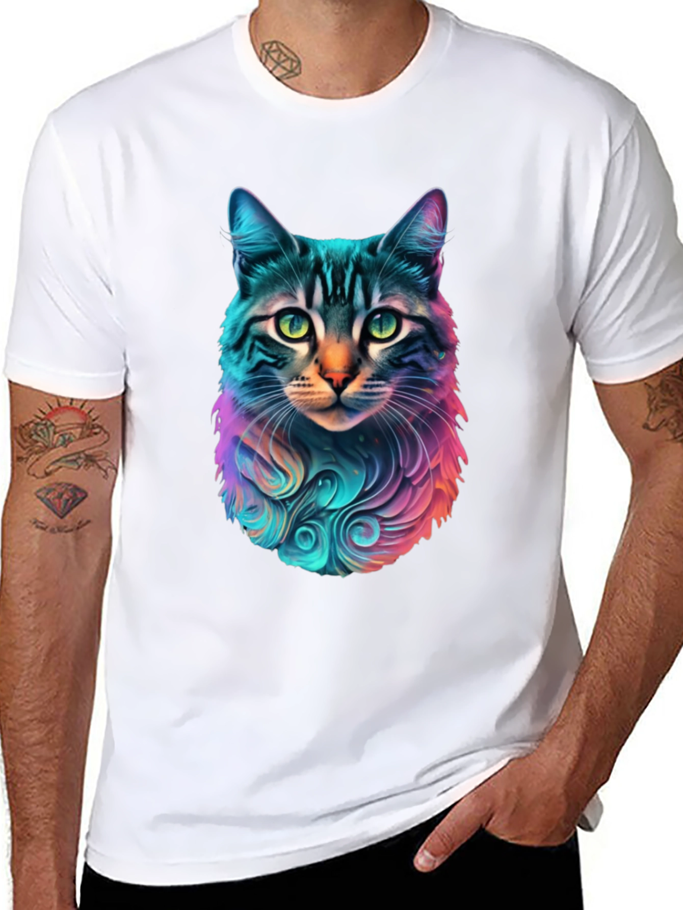 Vibrant Cat Graphic Black T-Shirt