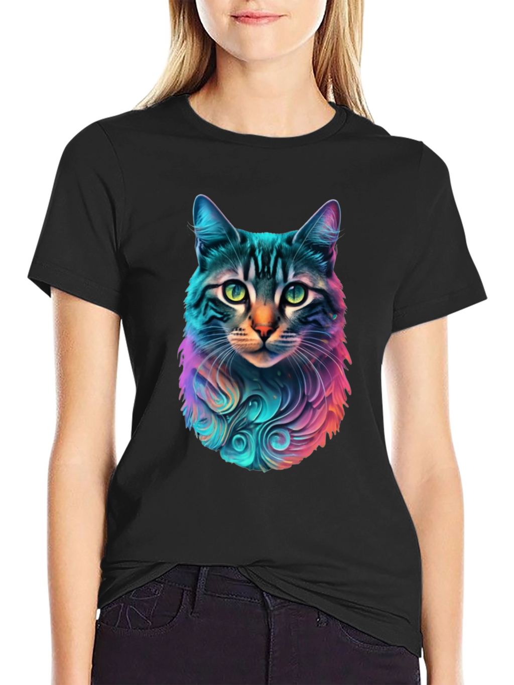Vibrant Cat Graphic Black T-Shirt
