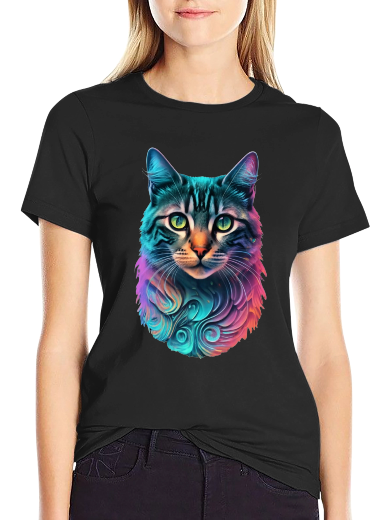 Vibrant Cat Graphic Black T-Shirt