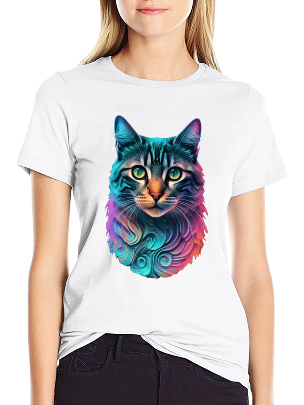 Vibrant Cat Graphic Black T-Shirt