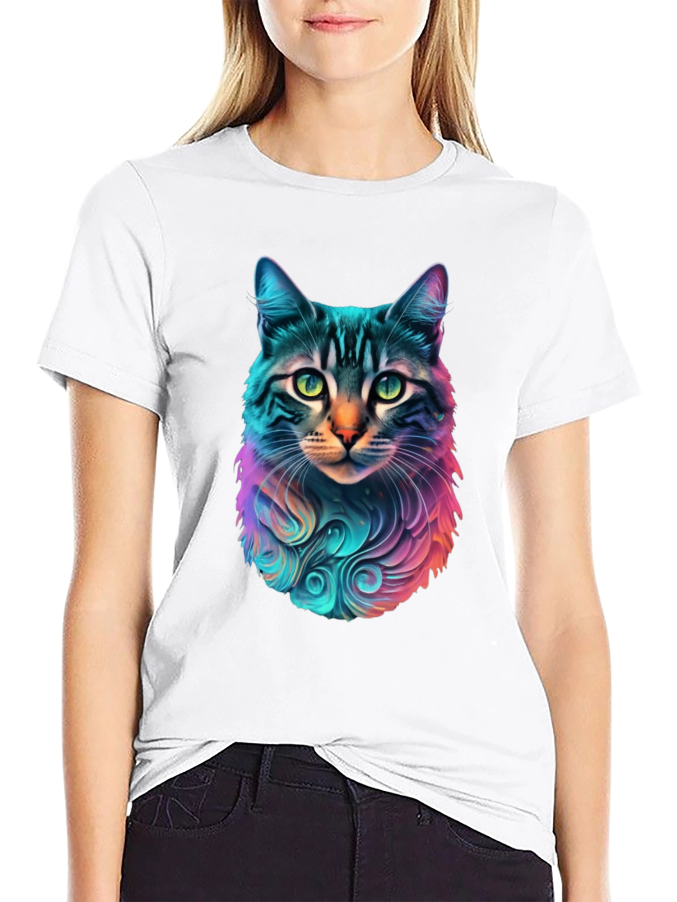 Vibrant Cat Graphic Black T-Shirt