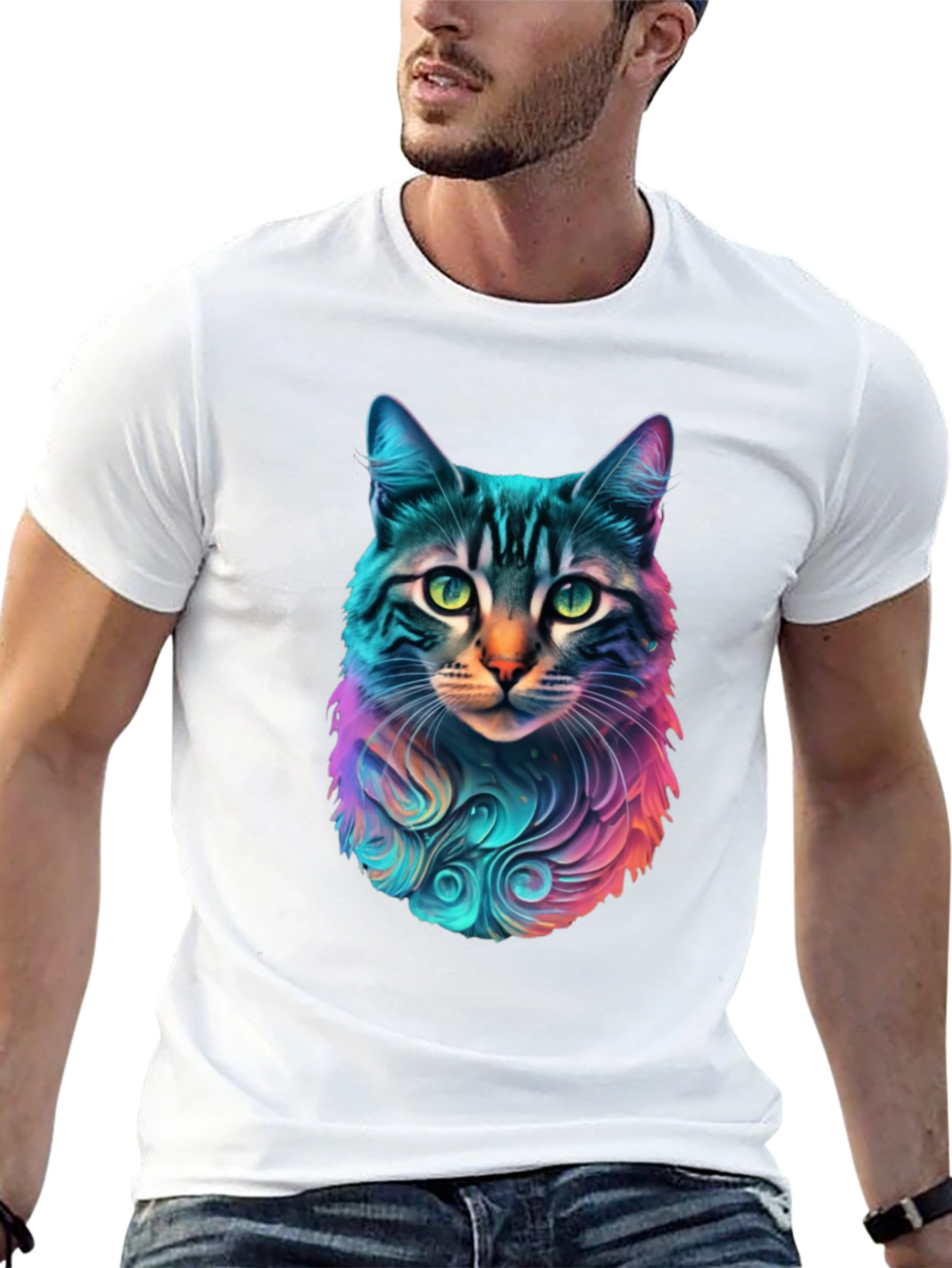 Vibrant Cat Graphic Black T-Shirt