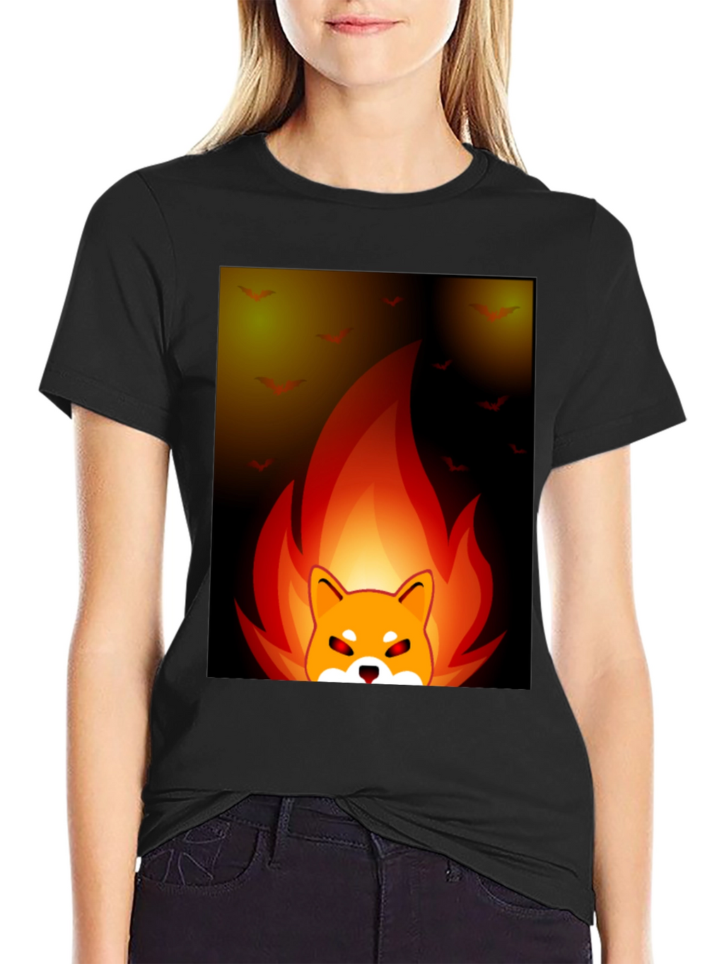 Fiery Shiba Inu Graphic Tee - Black Cotton Blend