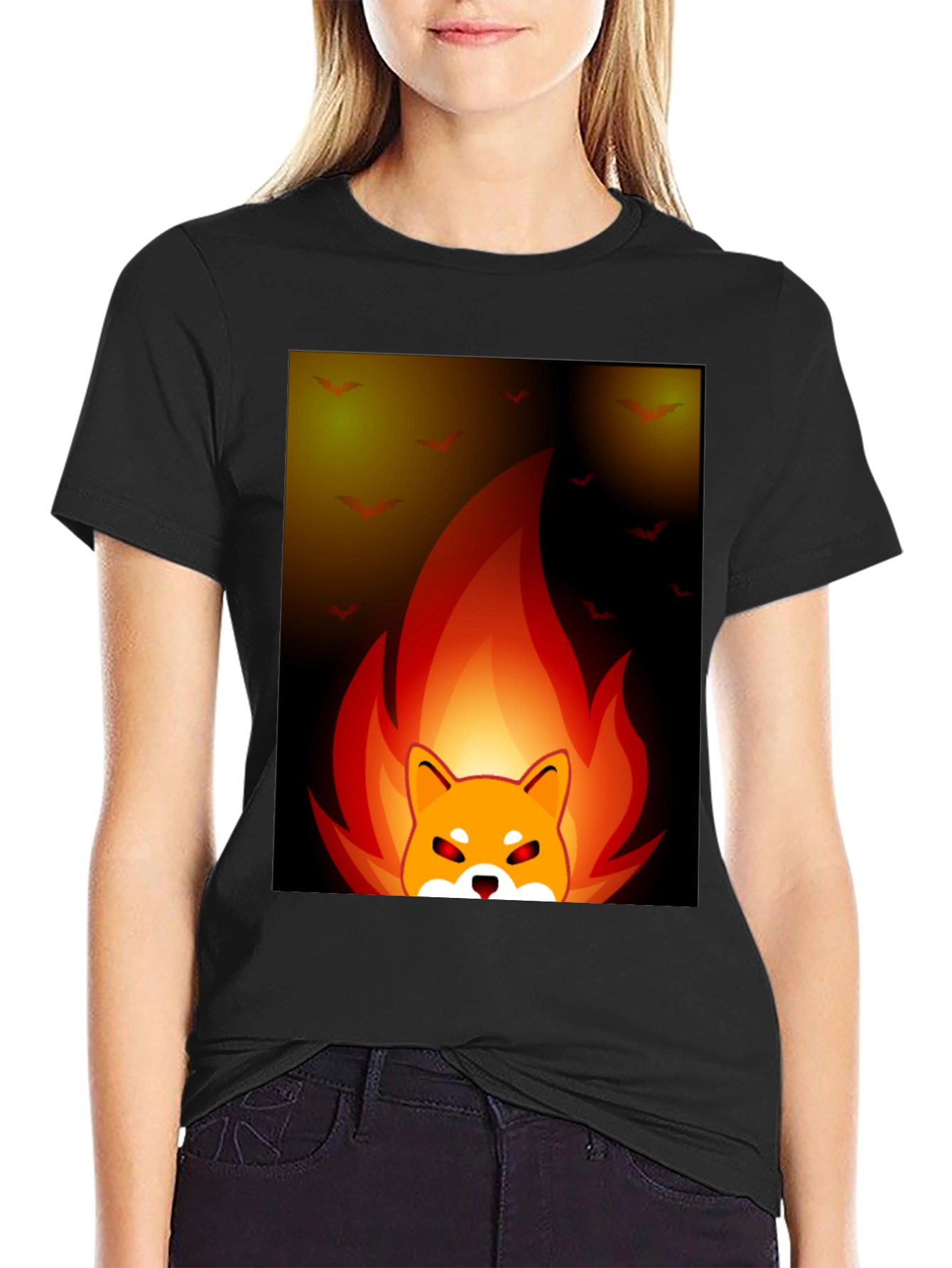 Fiery Shiba Inu Graphic Tee - Black Cotton Blend