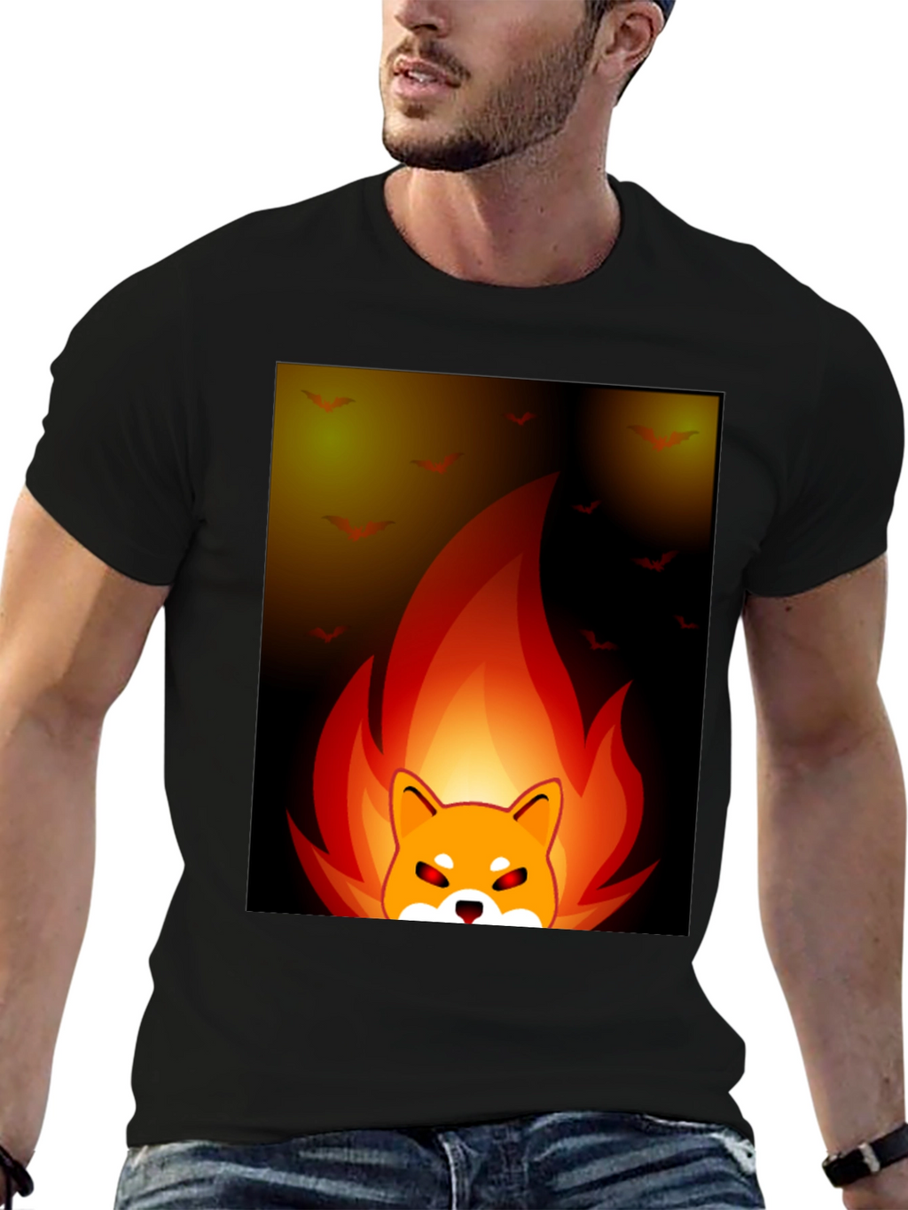 Fiery Shiba Inu Graphic Tee - Black Cotton Blend