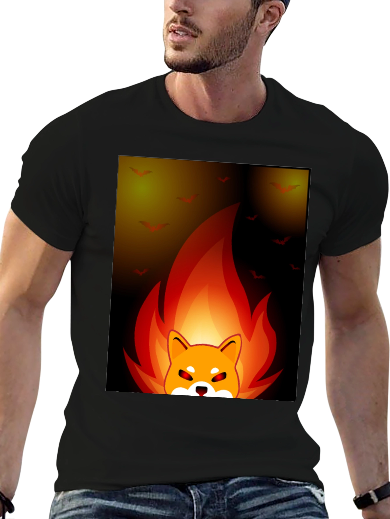 Fiery Shiba Inu Graphic Tee - Black Cotton Blend