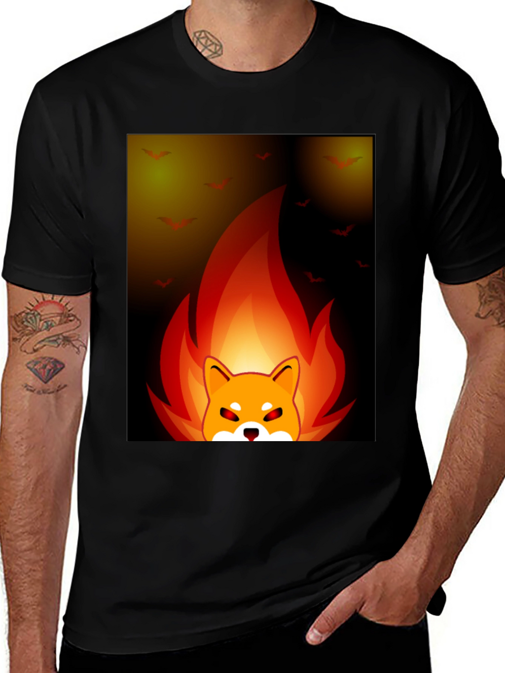 Fiery Shiba Inu Graphic Tee - Black Cotton Blend