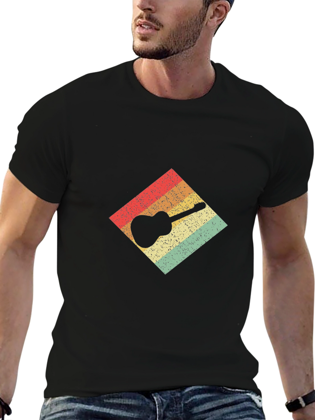 Retro Guitar Graphic Tee - Black Cotton T-Shirt