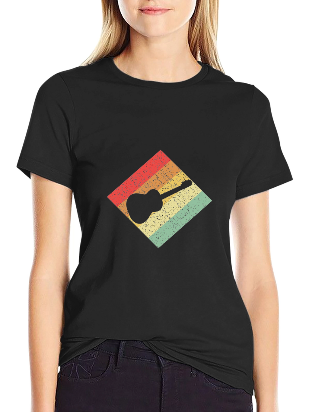 Retro Guitar Graphic Tee - Black Cotton T-Shirt
