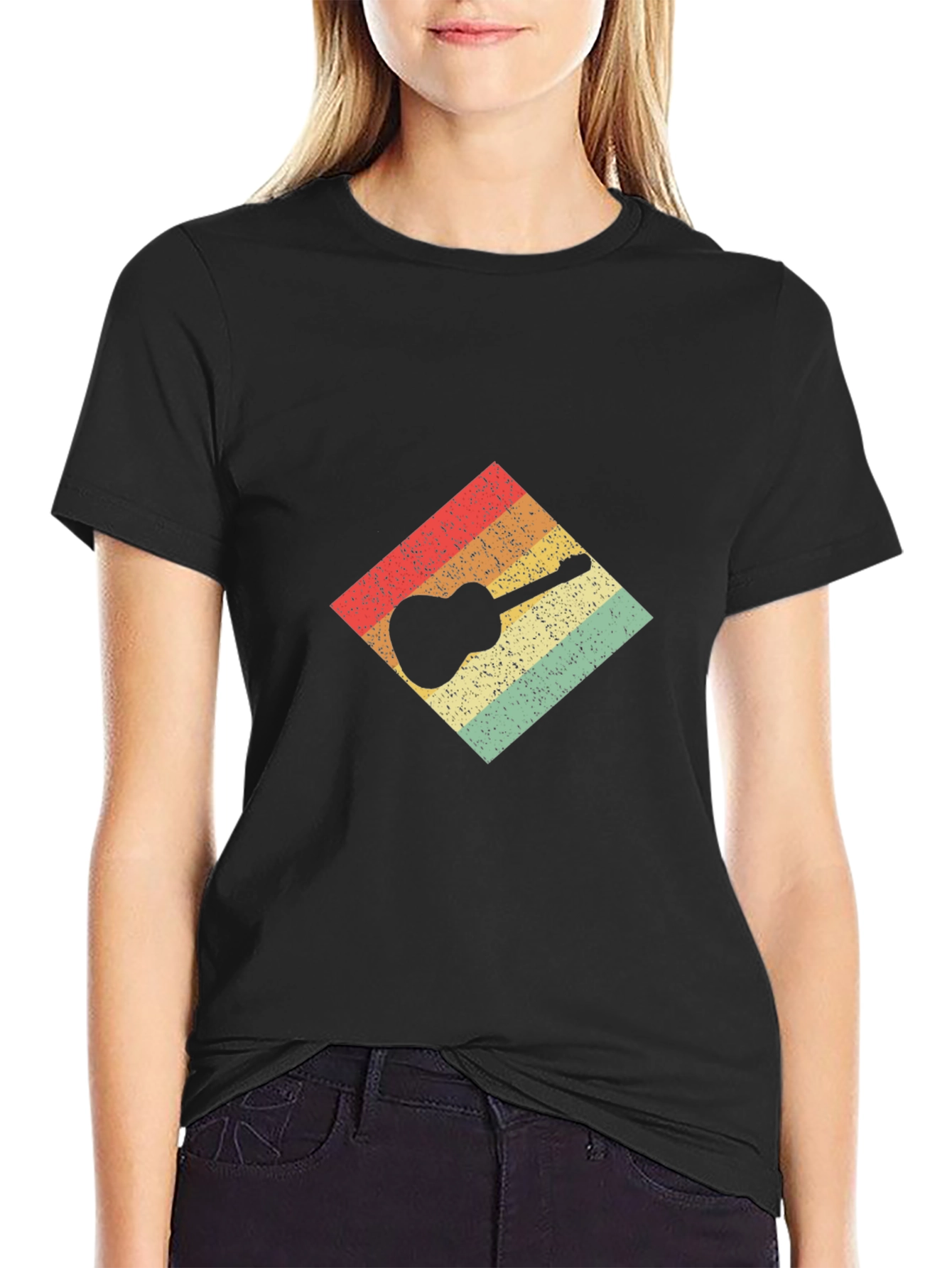 Retro Guitar Graphic Tee - Black Cotton T-Shirt