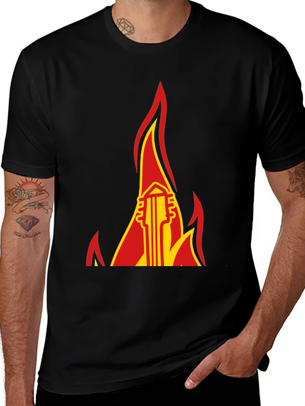 Flaming Guitar Graphic Tee - Rock and Roll Style