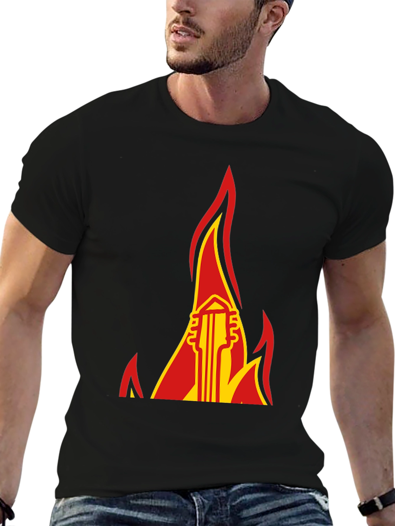 Flaming Guitar Graphic Tee - Rock and Roll Style