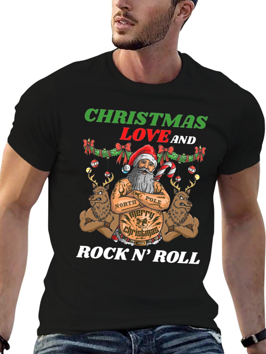 Christmas Love Rock N Roll Santa T-Shirt