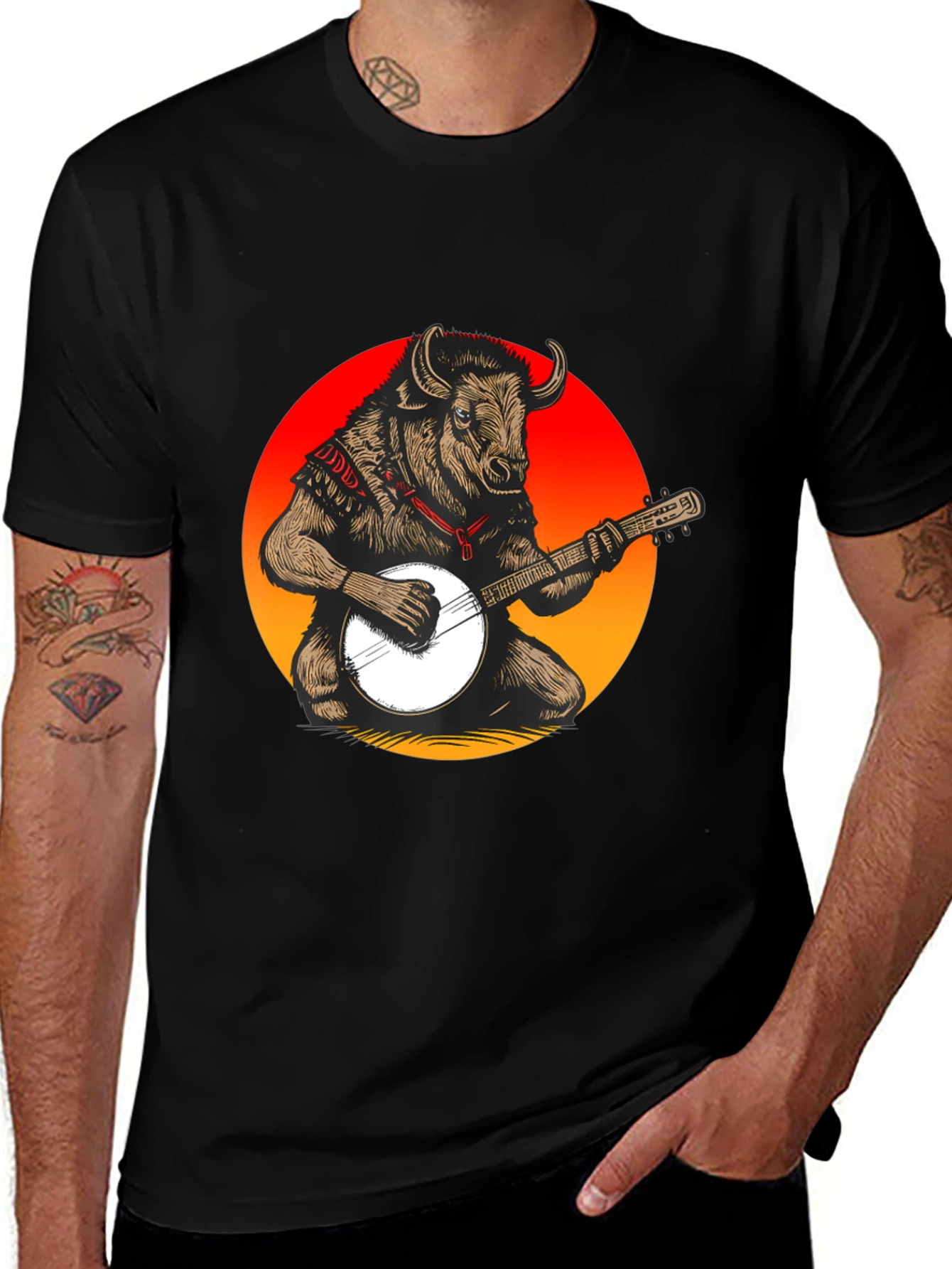 Bull with Banjo Graphic T-Shirt - Black