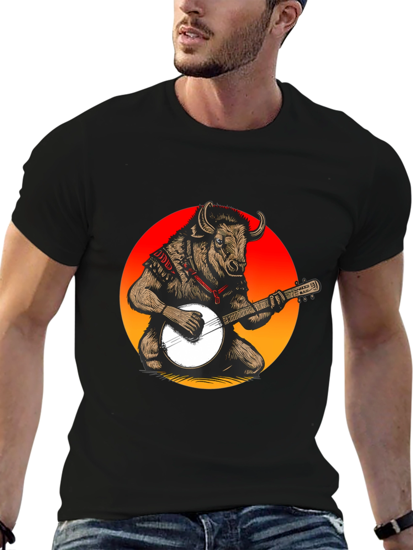 Bull with Banjo Graphic T-Shirt - Black