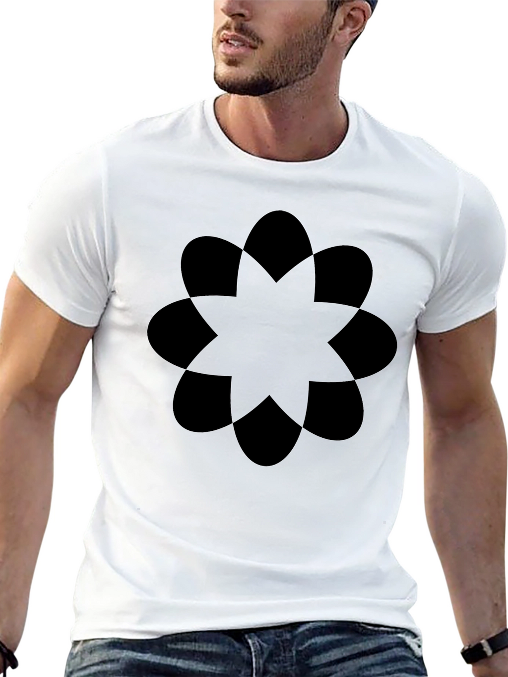 Geometric Flower T-Shirt - Black Crew Neck Casual Tee