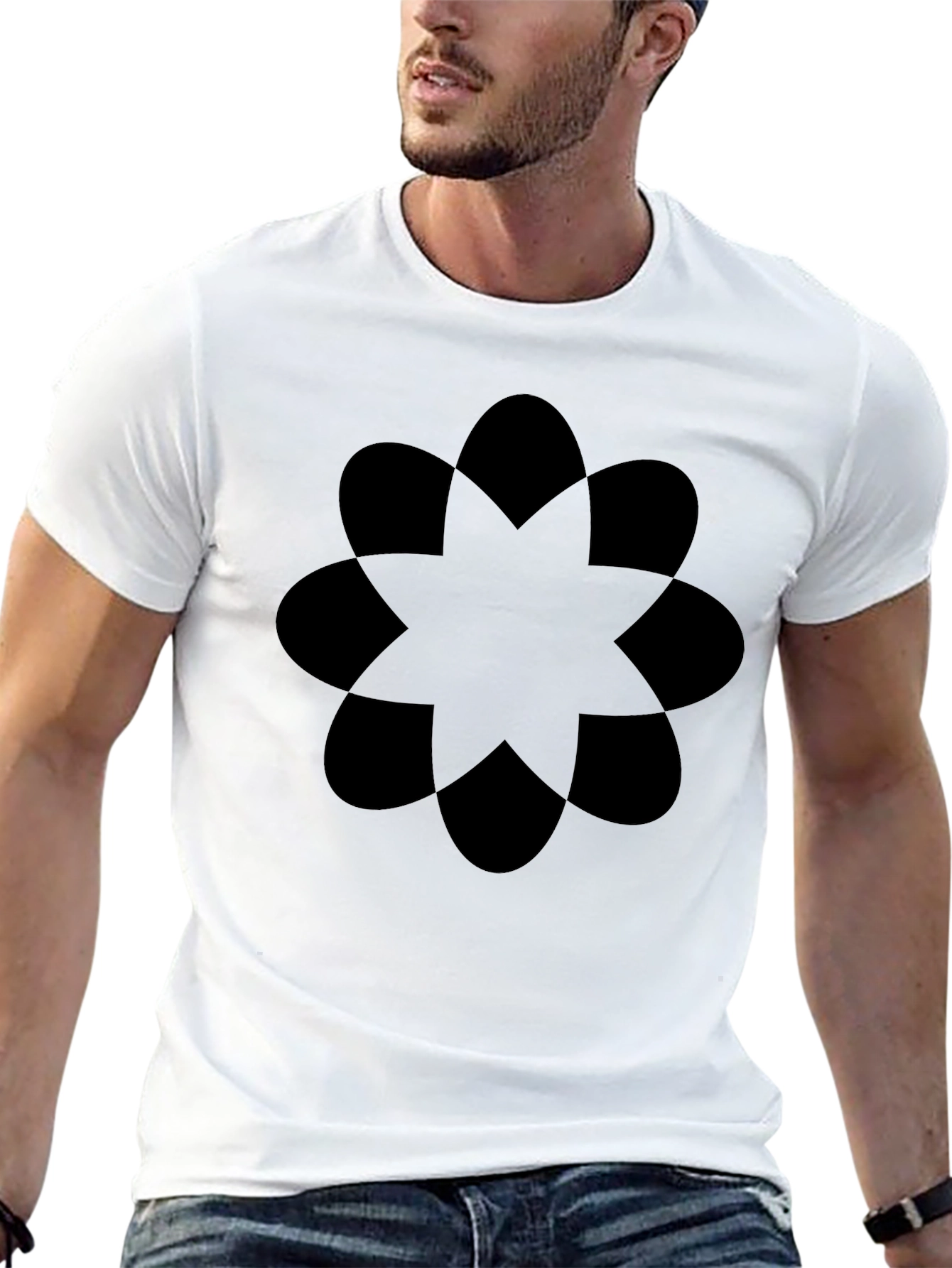 Geometric Flower T-Shirt - Black Crew Neck Casual Tee