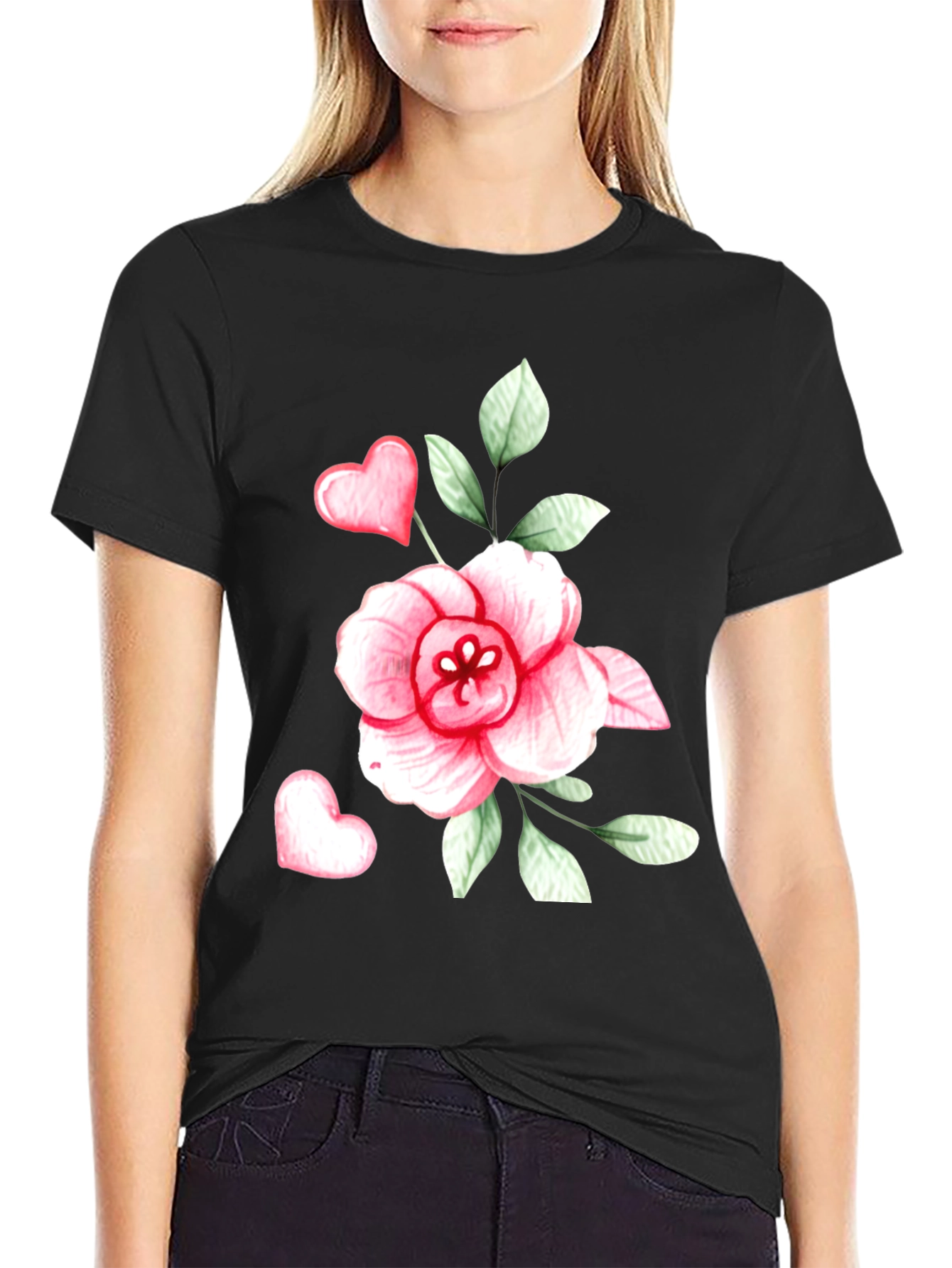 Floral Heart Graphic Tee - Trendy Black Cotton T-Shirt