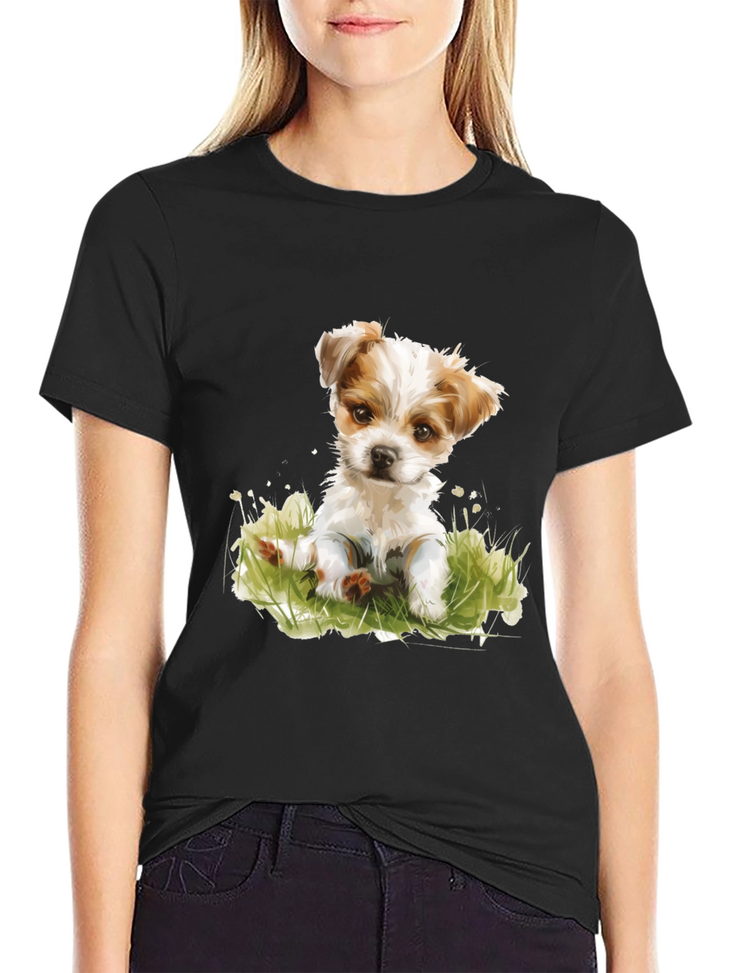 Cute Puppy Graphic T-Shirt - Black