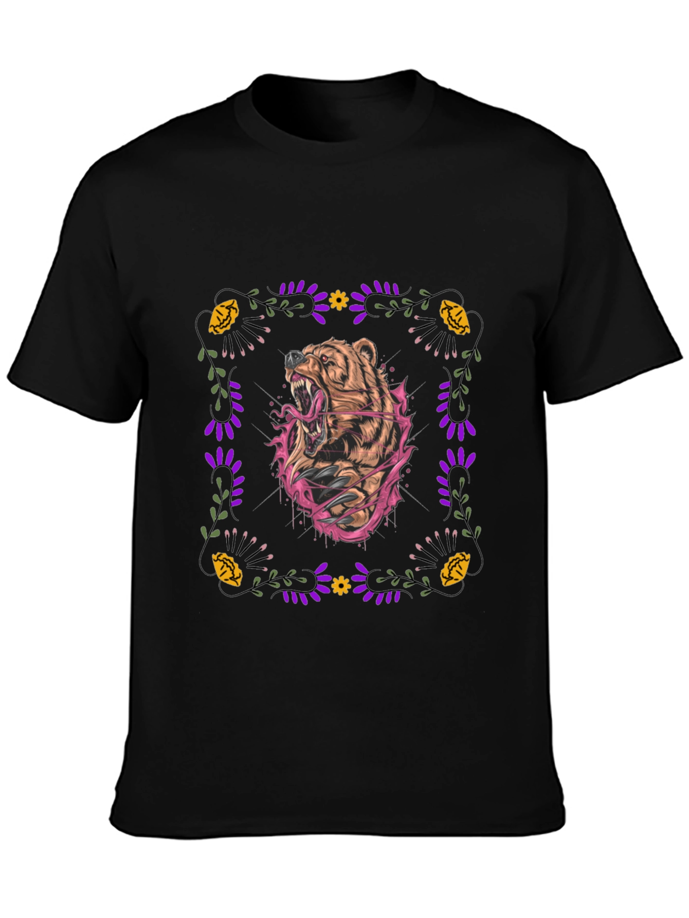 Bear Graphic Tee - Floral Frame - Mens Black Shirt