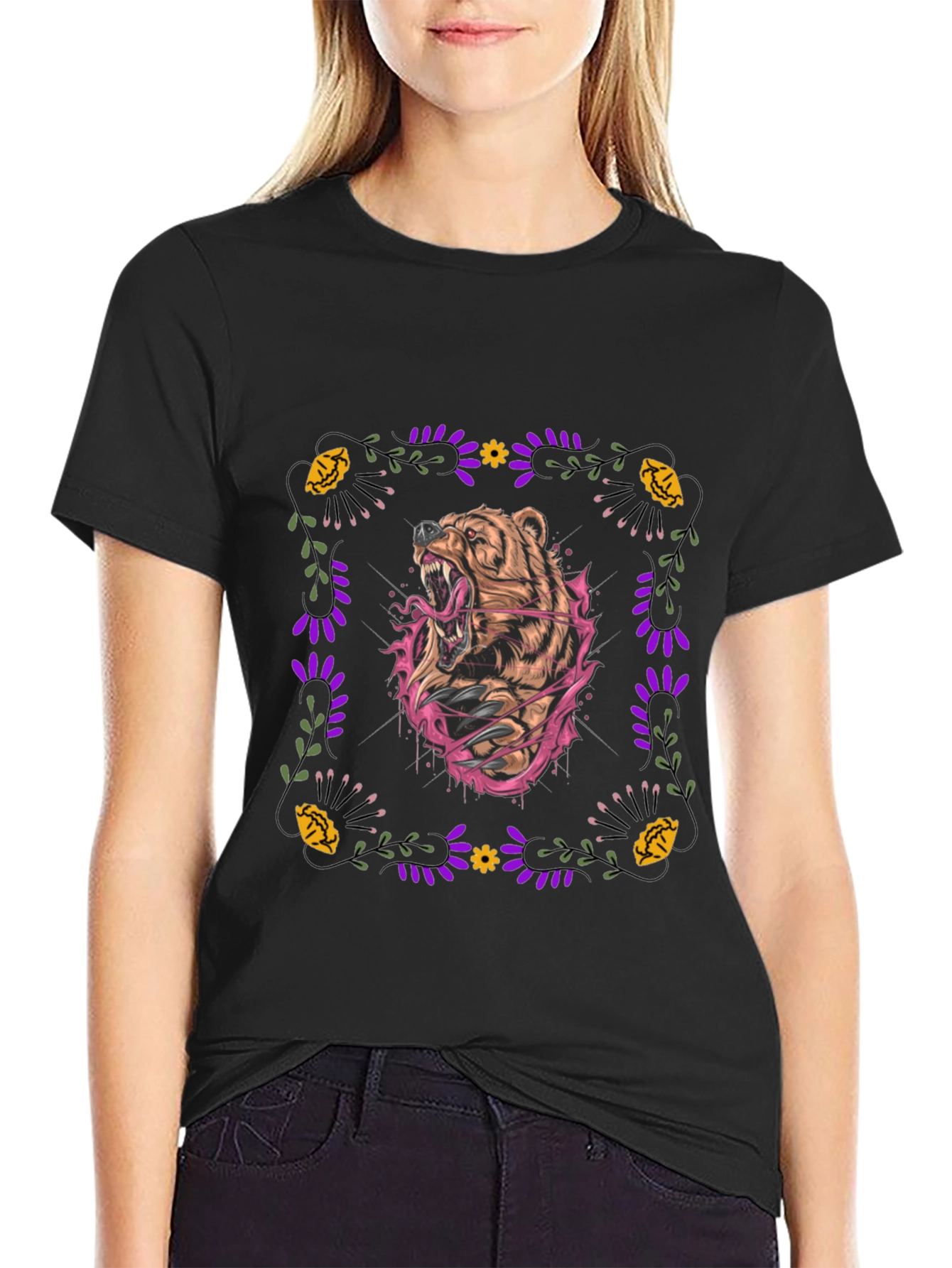 Bear Graphic Tee - Floral Frame - Mens Black Shirt