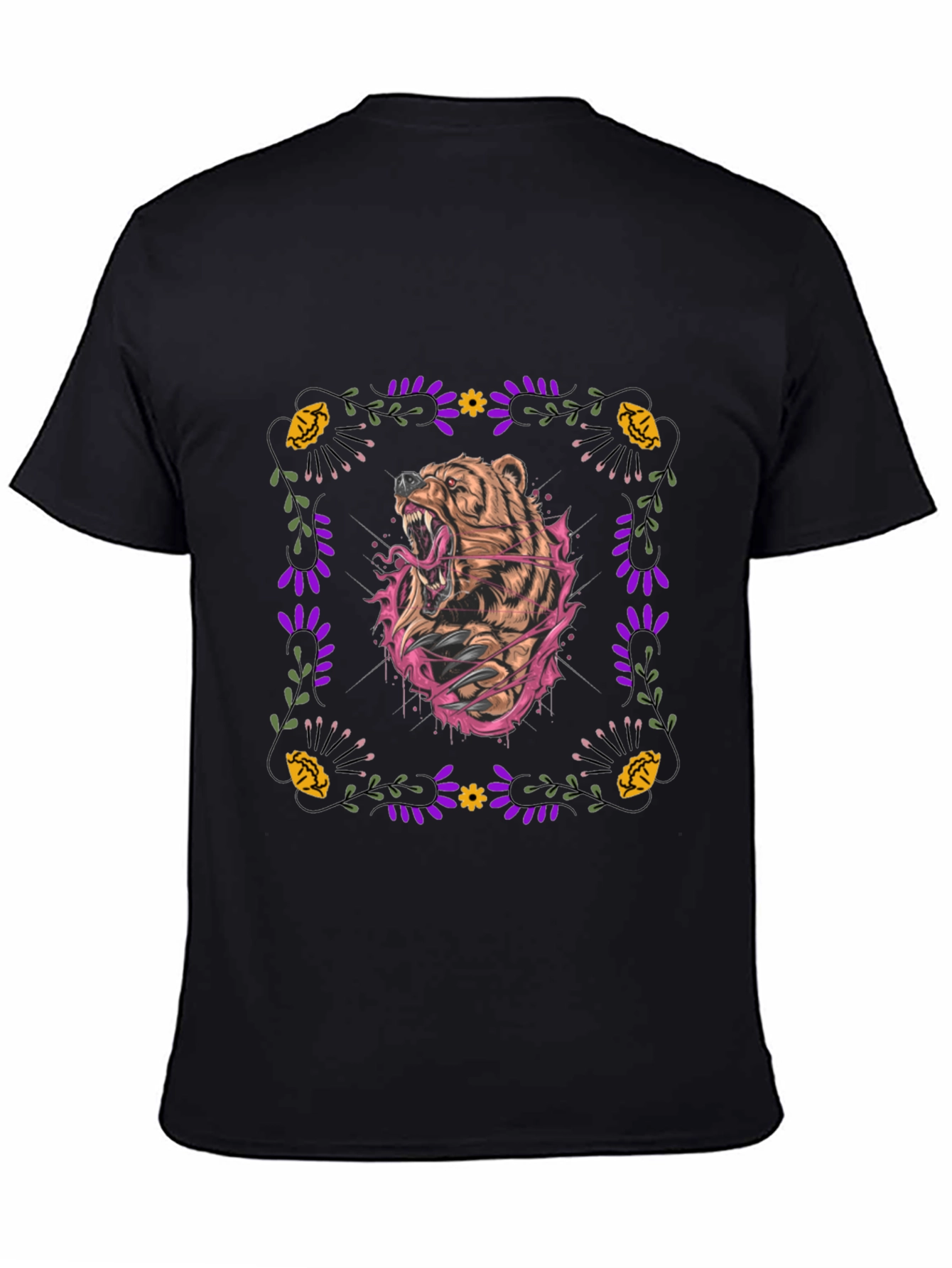 Bear Graphic Tee - Floral Frame - Mens Black Shirt