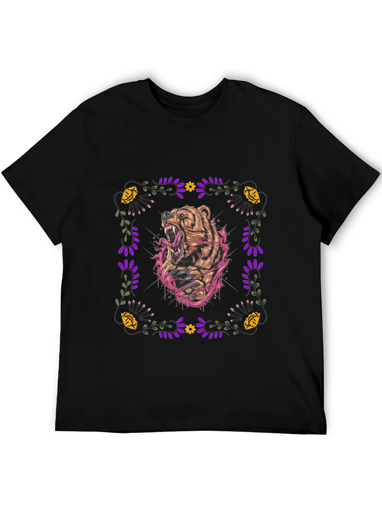 Bear Graphic Tee - Floral Frame - Mens Black Shirt