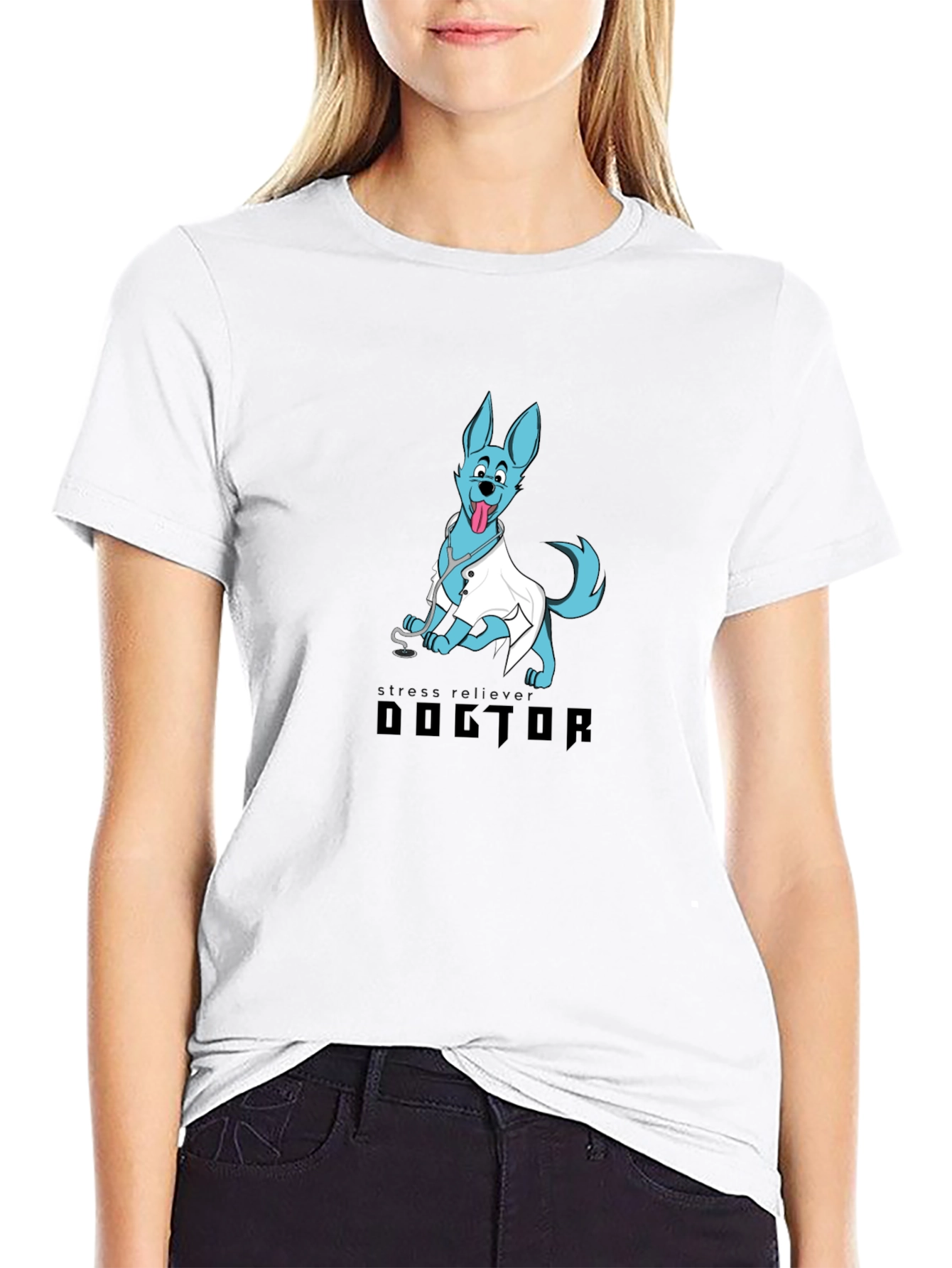 Doctor Dog Cartoon Graphic Black T-Shirt