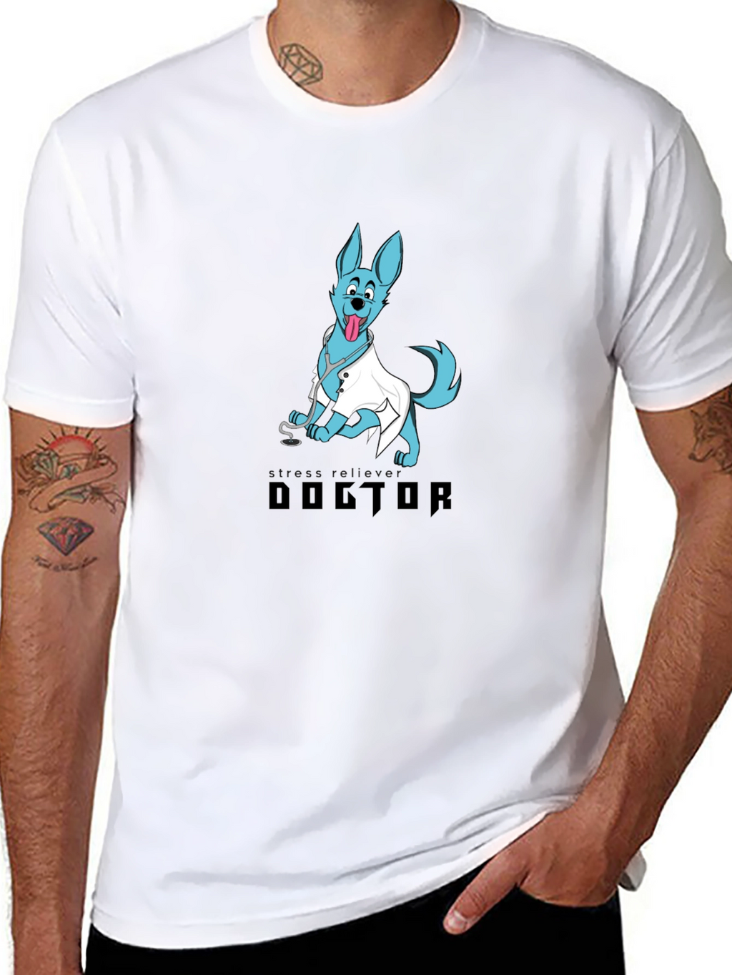 Doctor Dog Cartoon Graphic Black T-Shirt