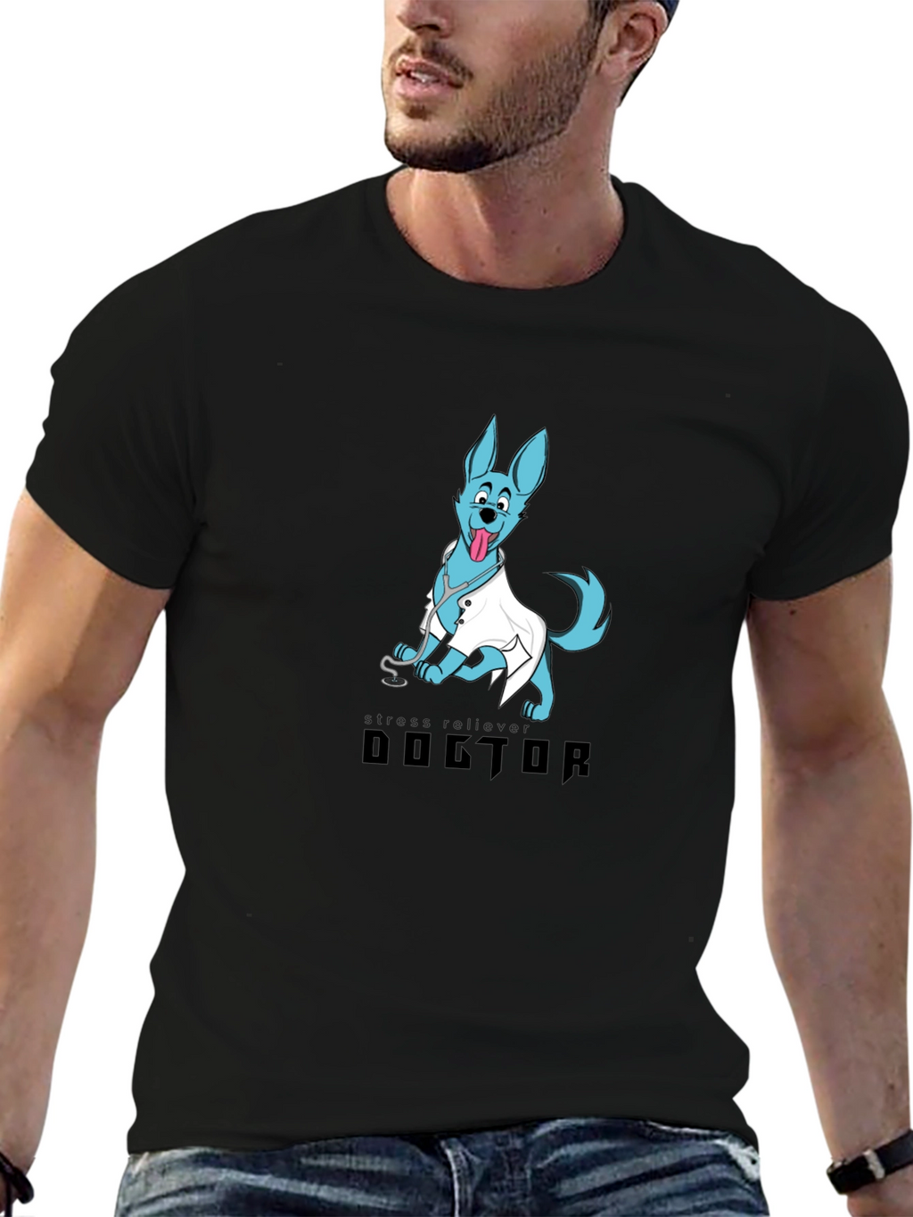 Doctor Dog Cartoon Graphic Black T-Shirt