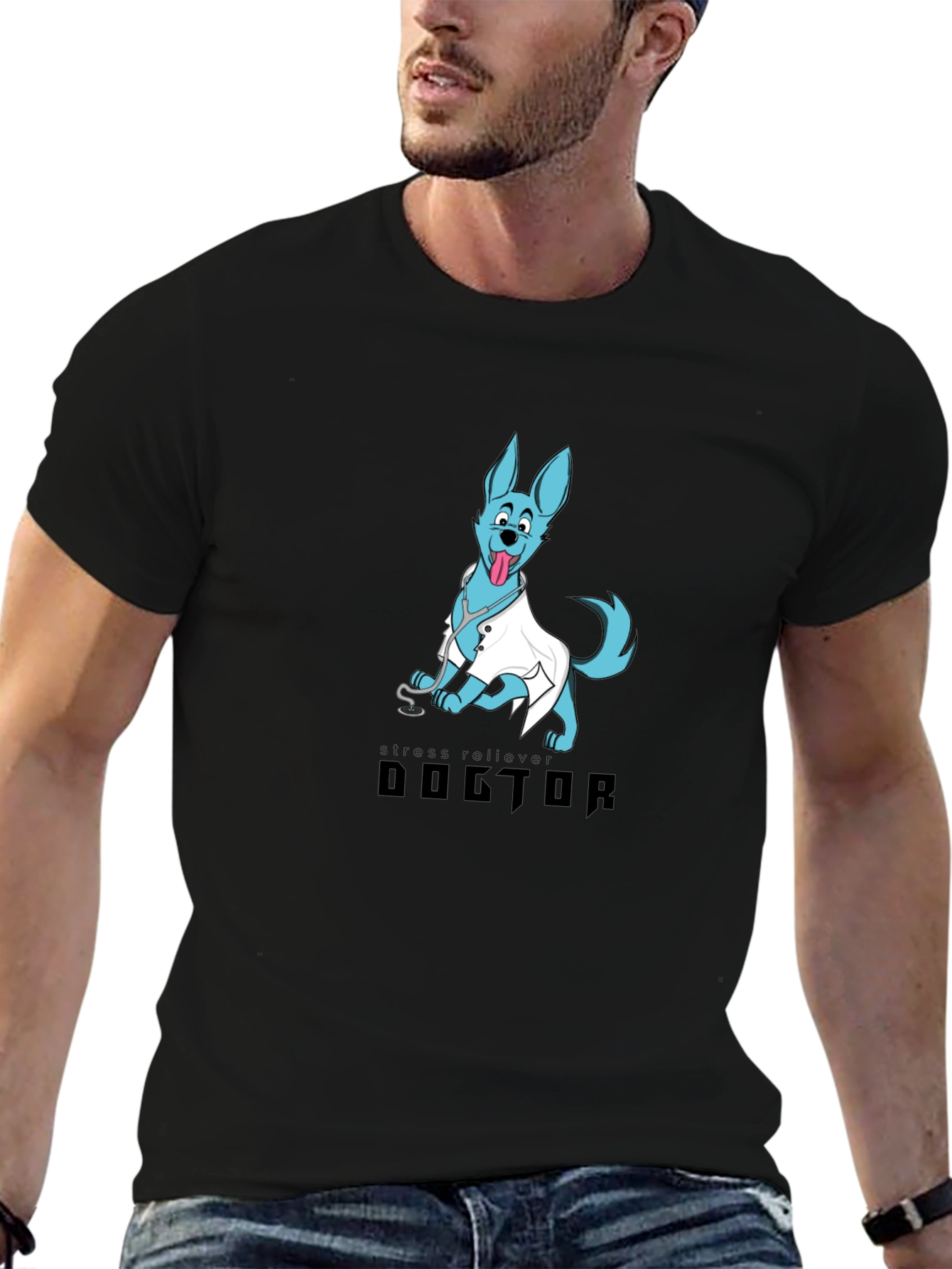 Doctor Dog Cartoon Graphic Black T-Shirt