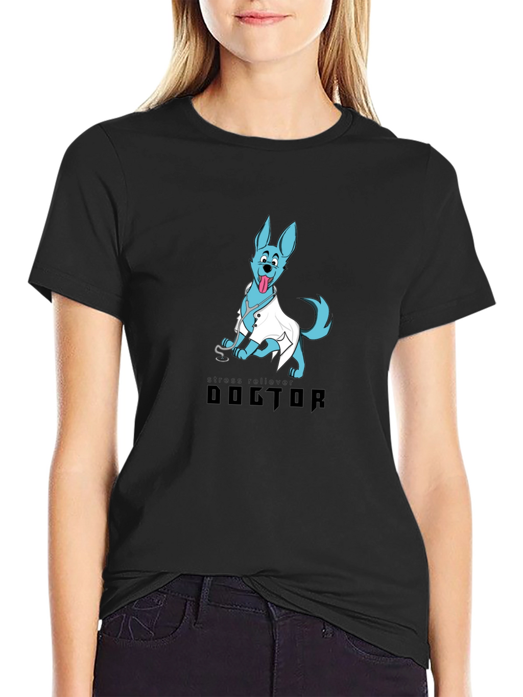 Doctor Dog Cartoon Graphic Black T-Shirt