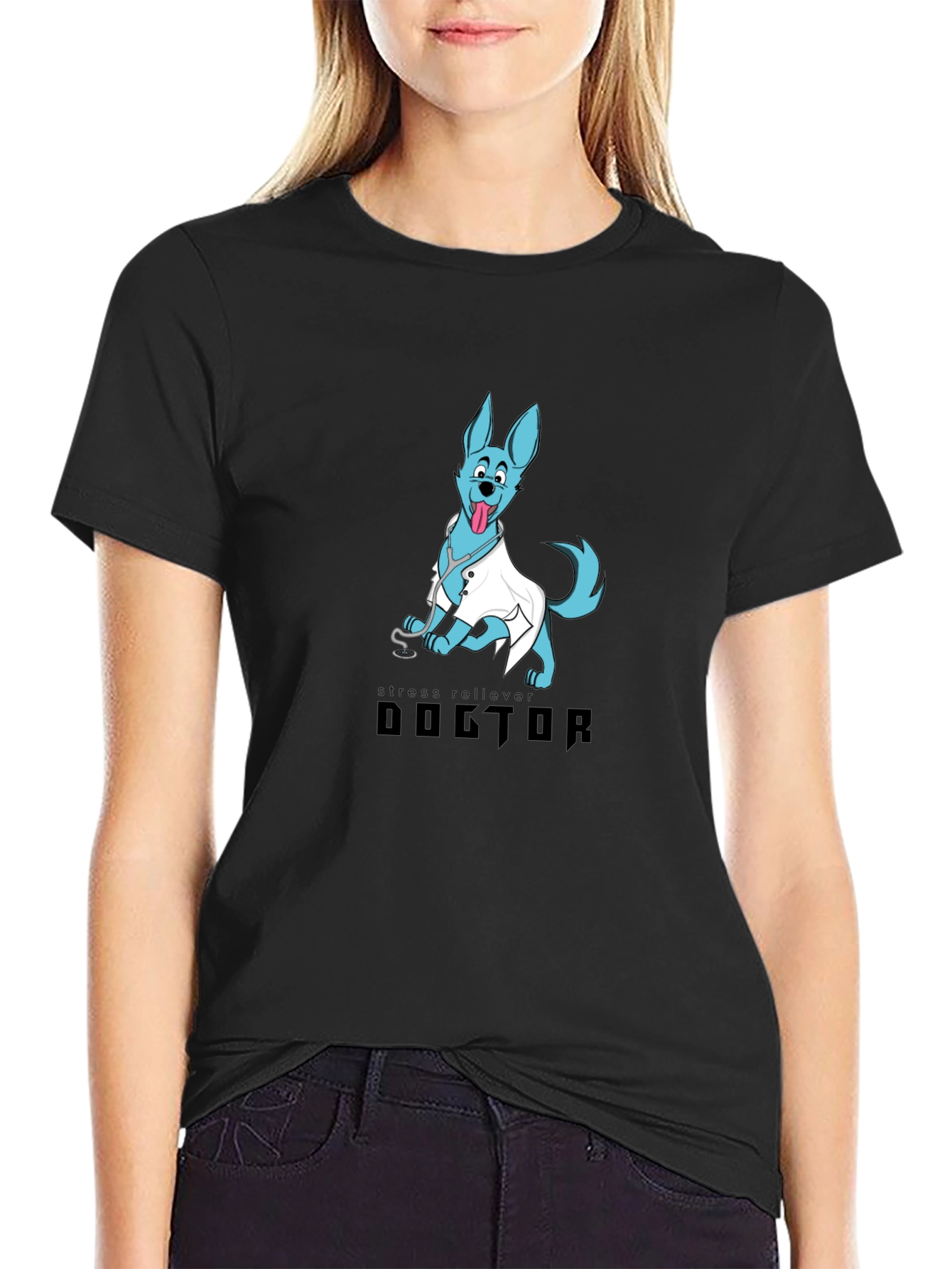 Doctor Dog Cartoon Graphic Black T-Shirt