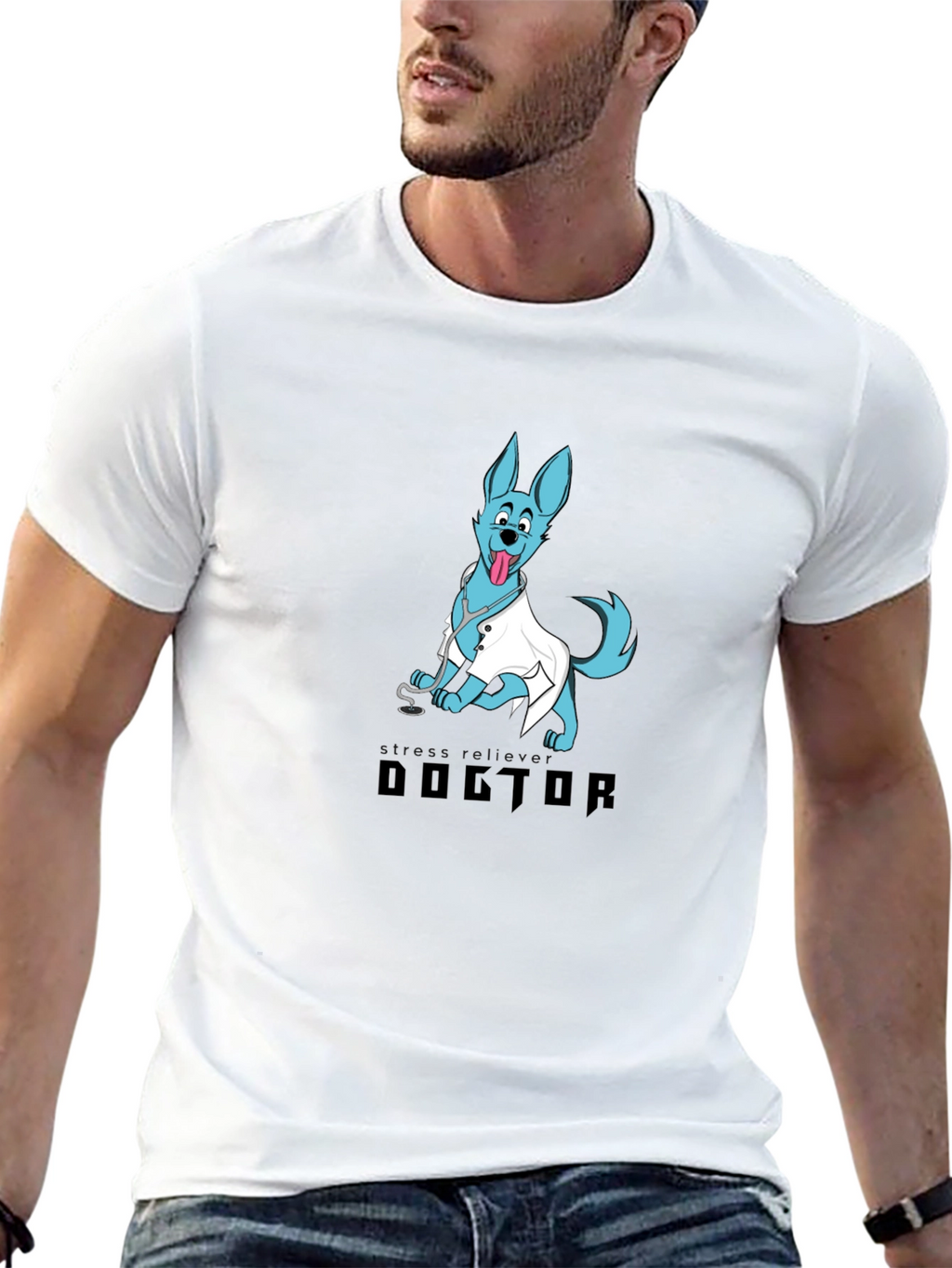 Doctor Dog Cartoon Graphic Black T-Shirt