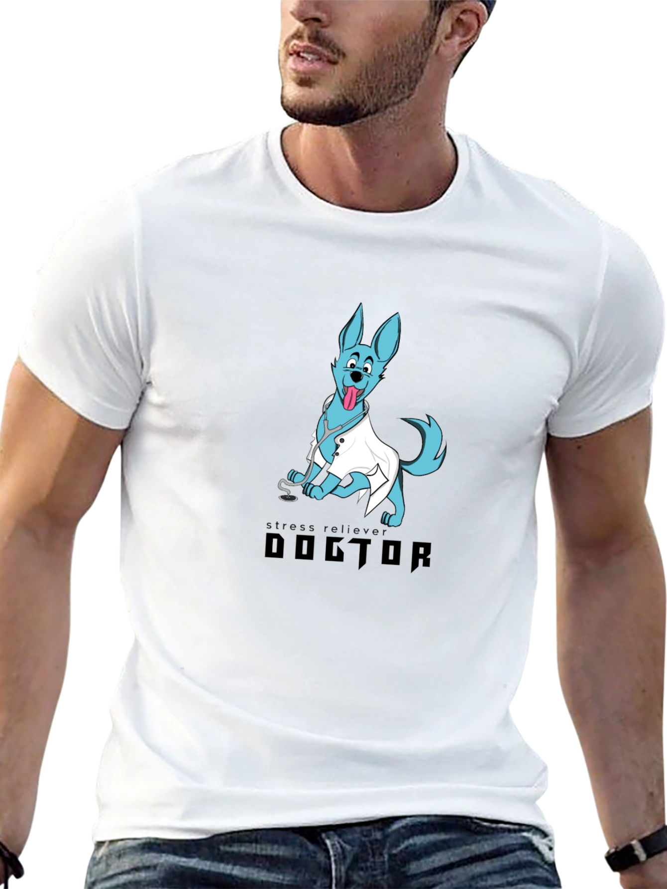 Doctor Dog Cartoon Graphic Black T-Shirt