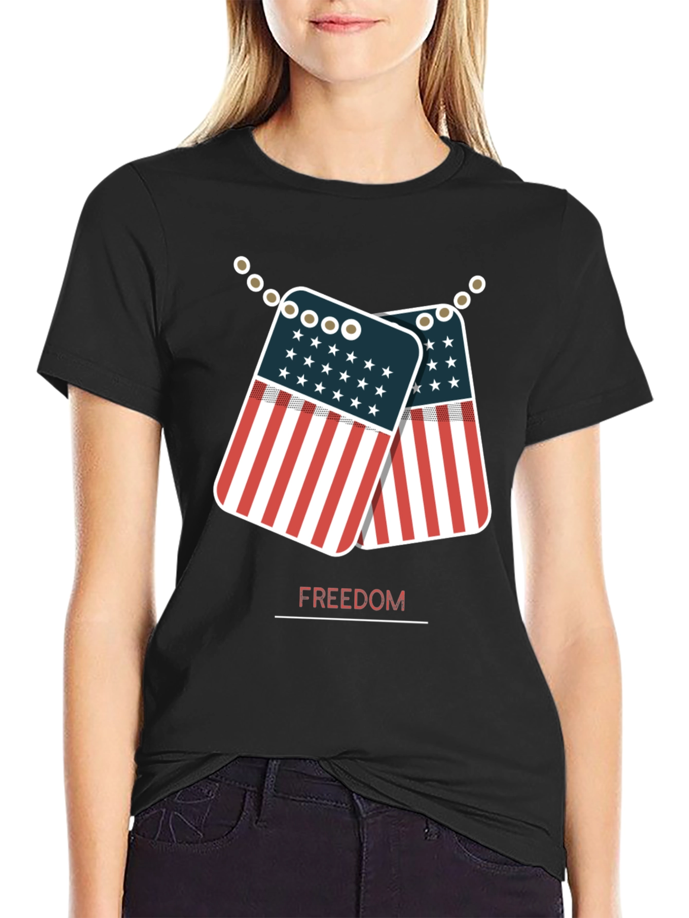 Freedom American Flag Dog Tag Graphic T-Shirt