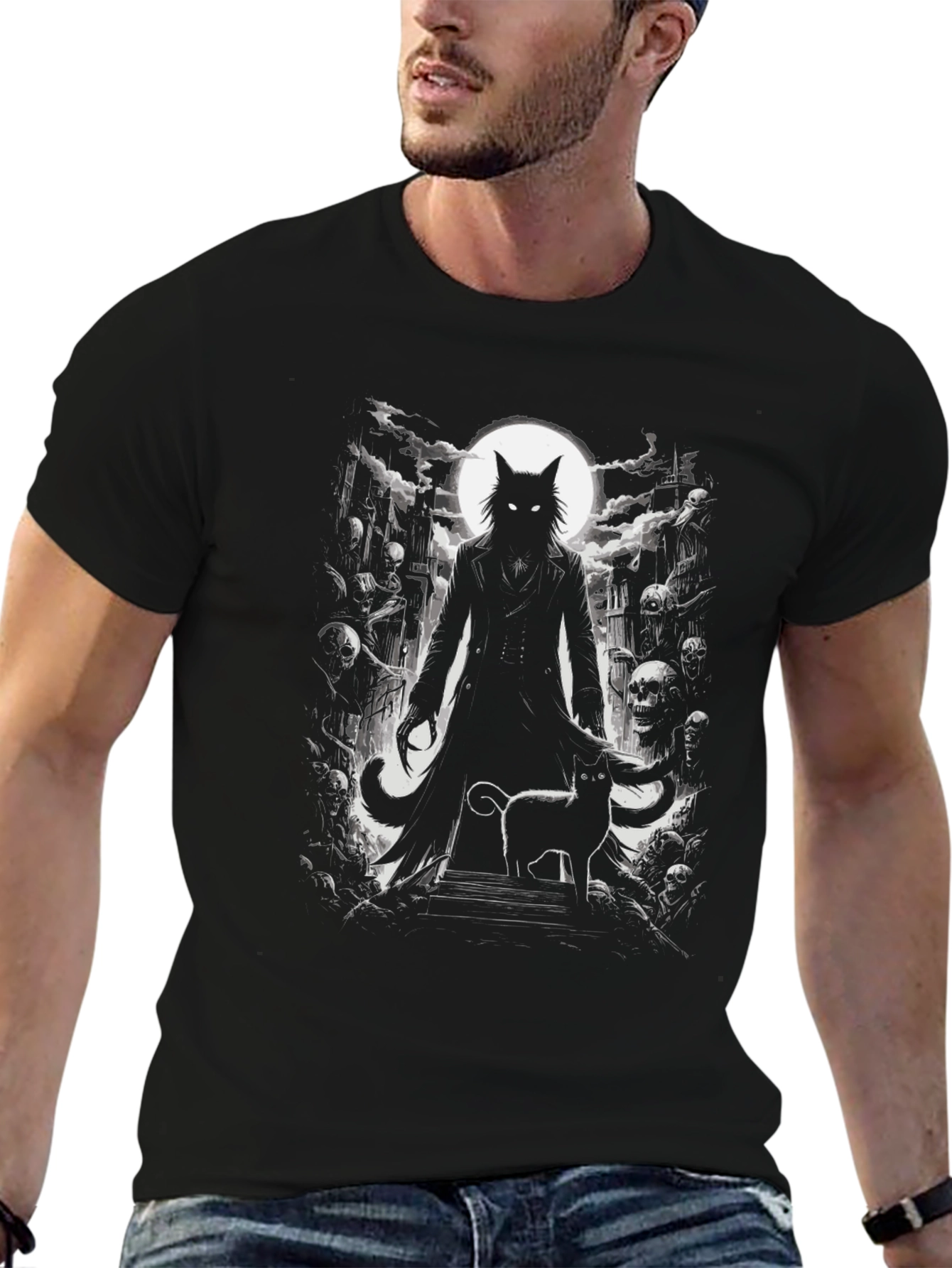 Creepy Cat Graveyard Black T-Shirt