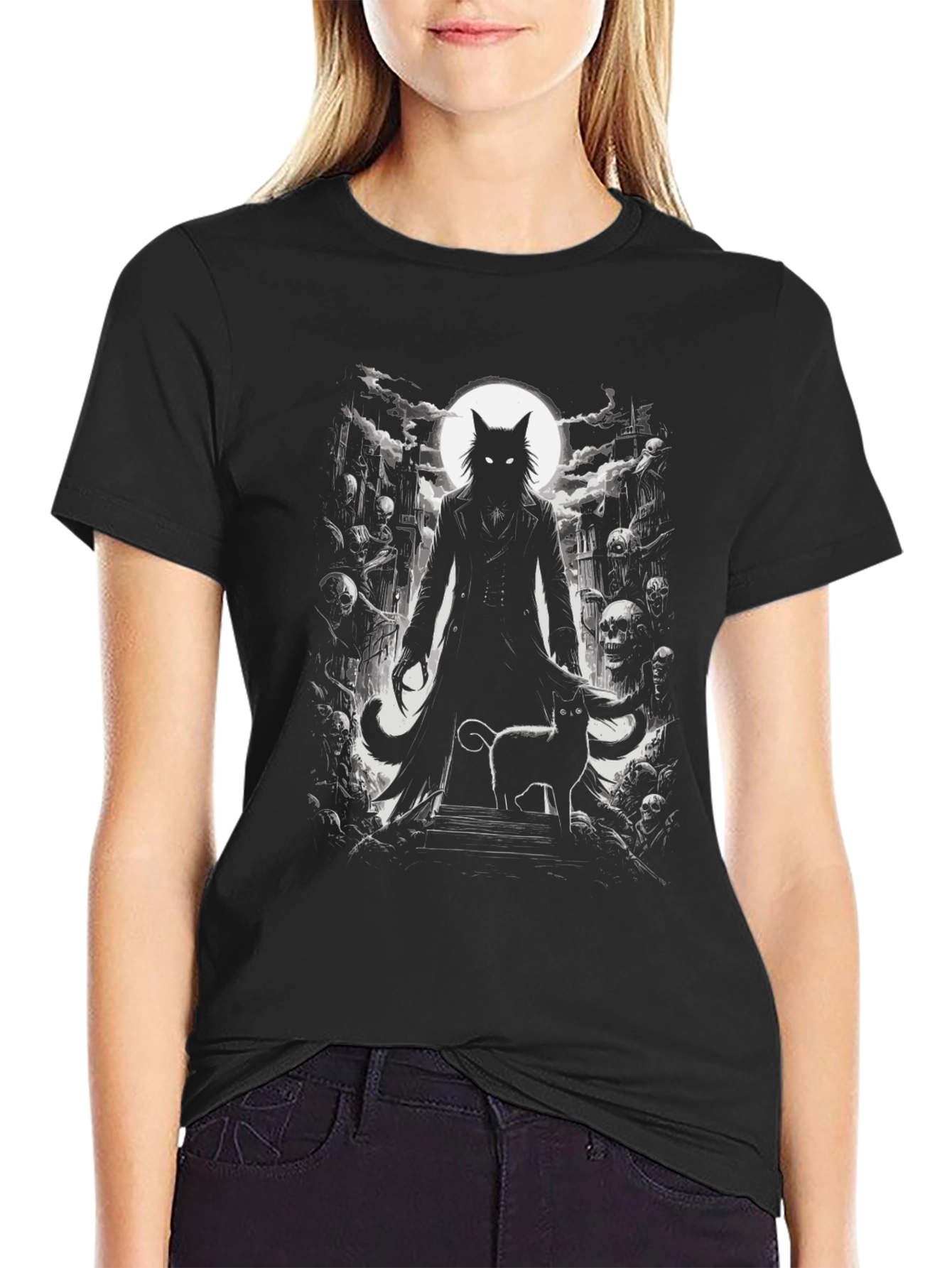 Creepy Cat Graveyard Black T-Shirt