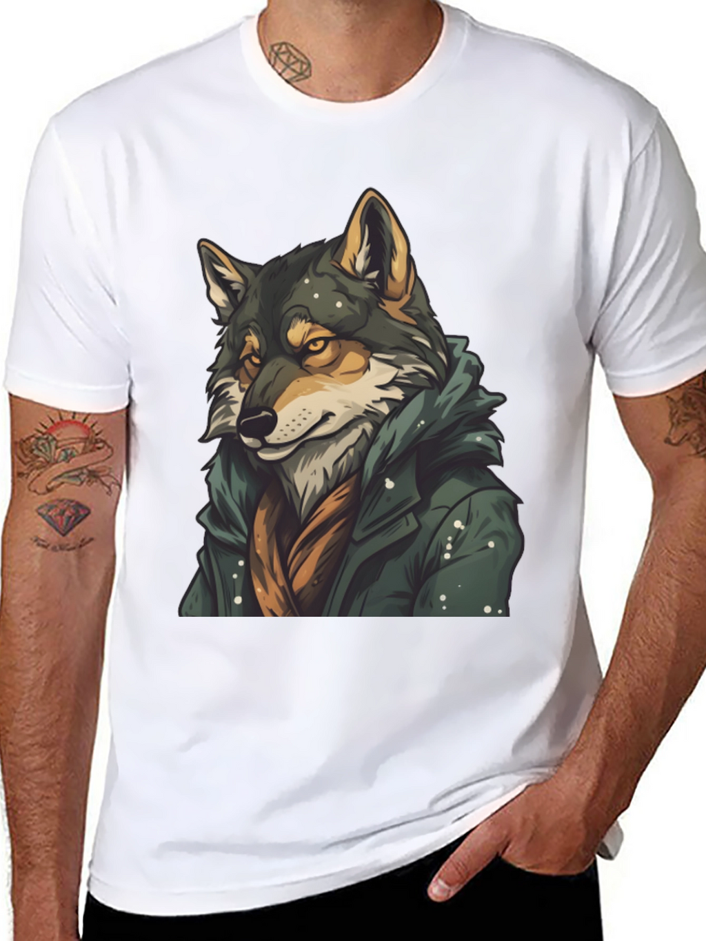 Wolf in Coat Graphic T-Shirt - Stylish Animal Tee