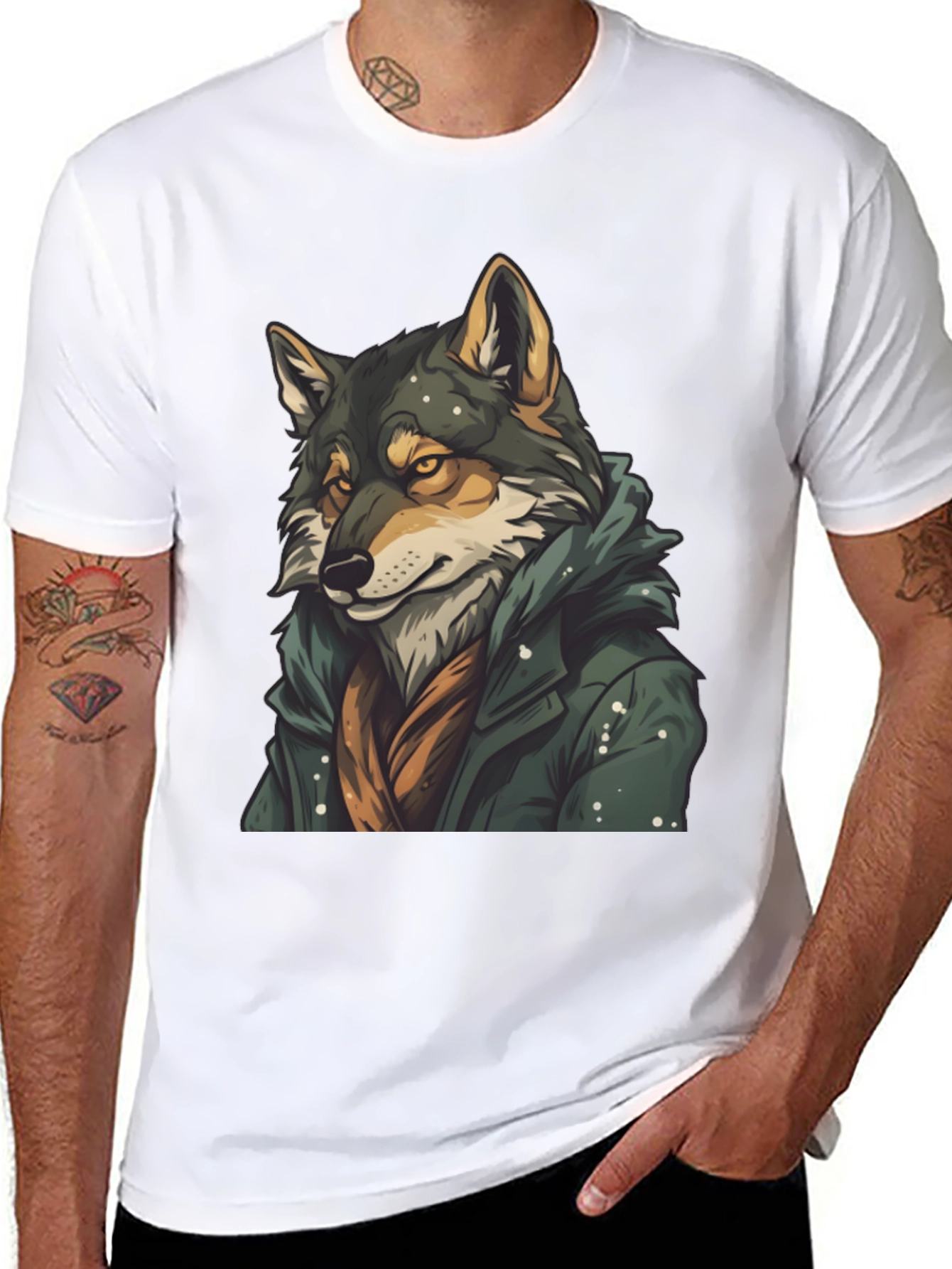 Wolf in Coat Graphic T-Shirt - Stylish Animal Tee