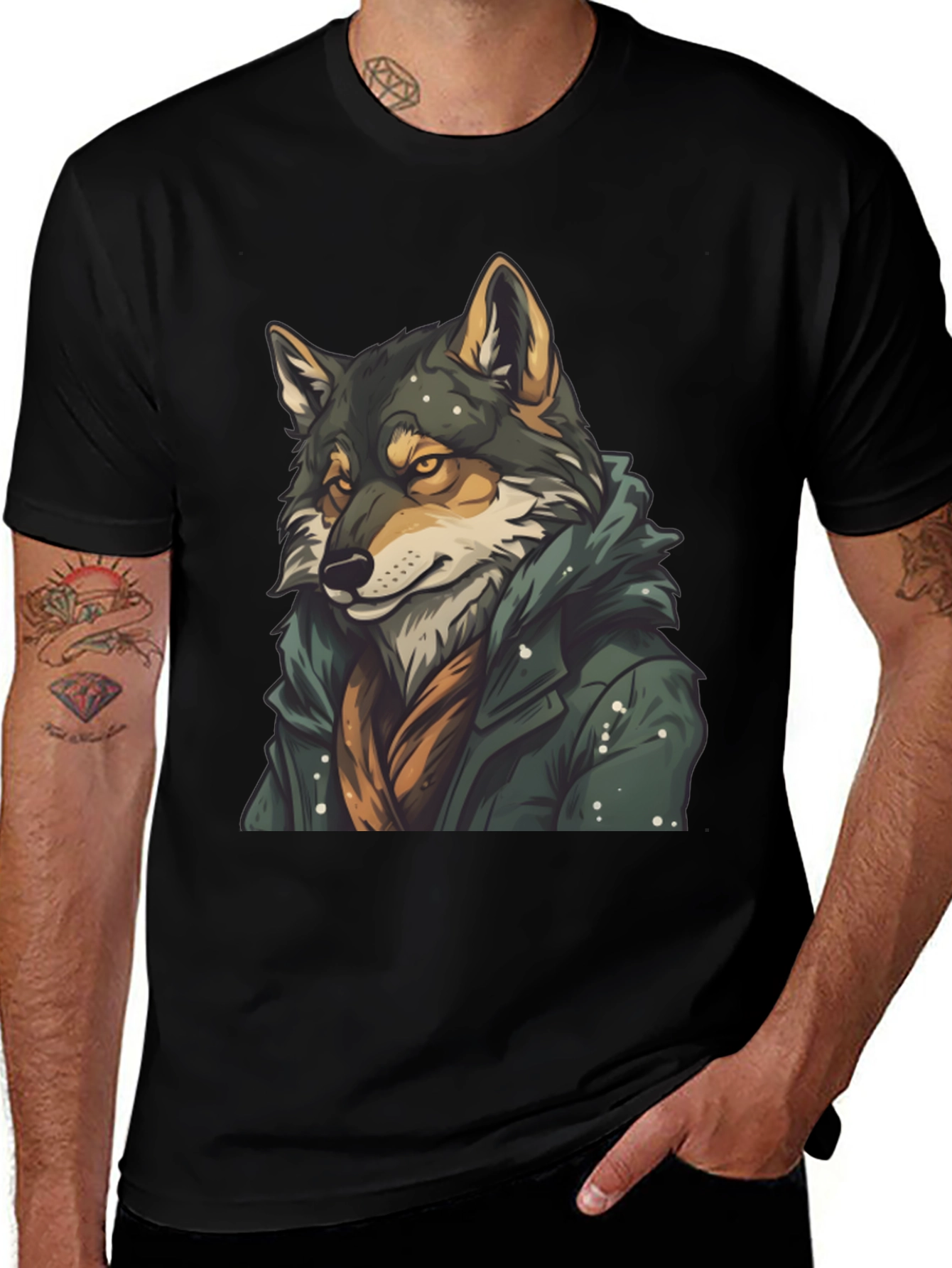 Wolf in Coat Graphic T-Shirt - Stylish Animal Tee
